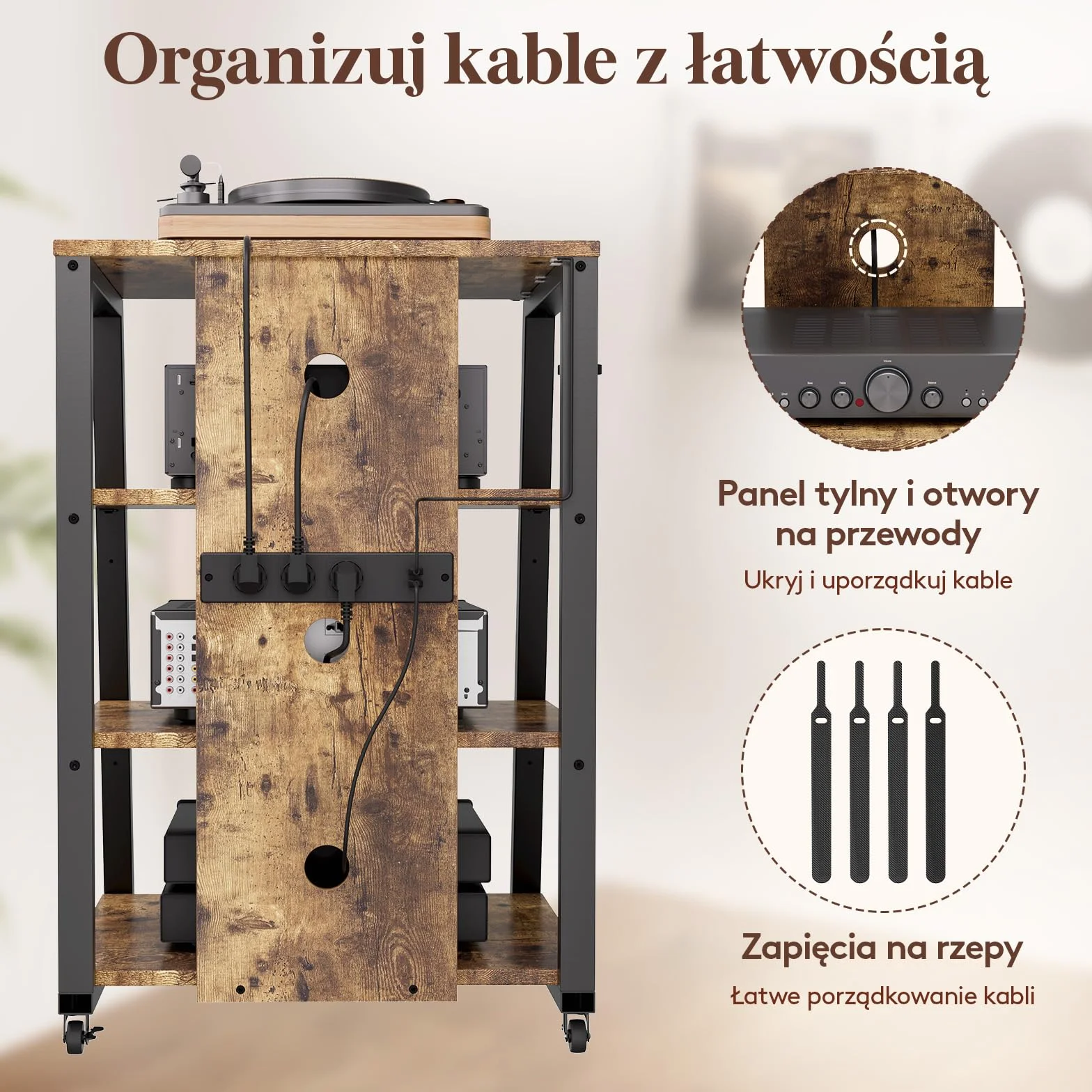 Lifewit 4-Poziomowy Stojak Multimedialny AV z gniazdami, Półkami Stereo z Oświetleniem LED, Kółkami i Regulowanymi Gramofony, Rolowana Konsola Szafka wieżę Multimedialną, Brązowy Rustykalny