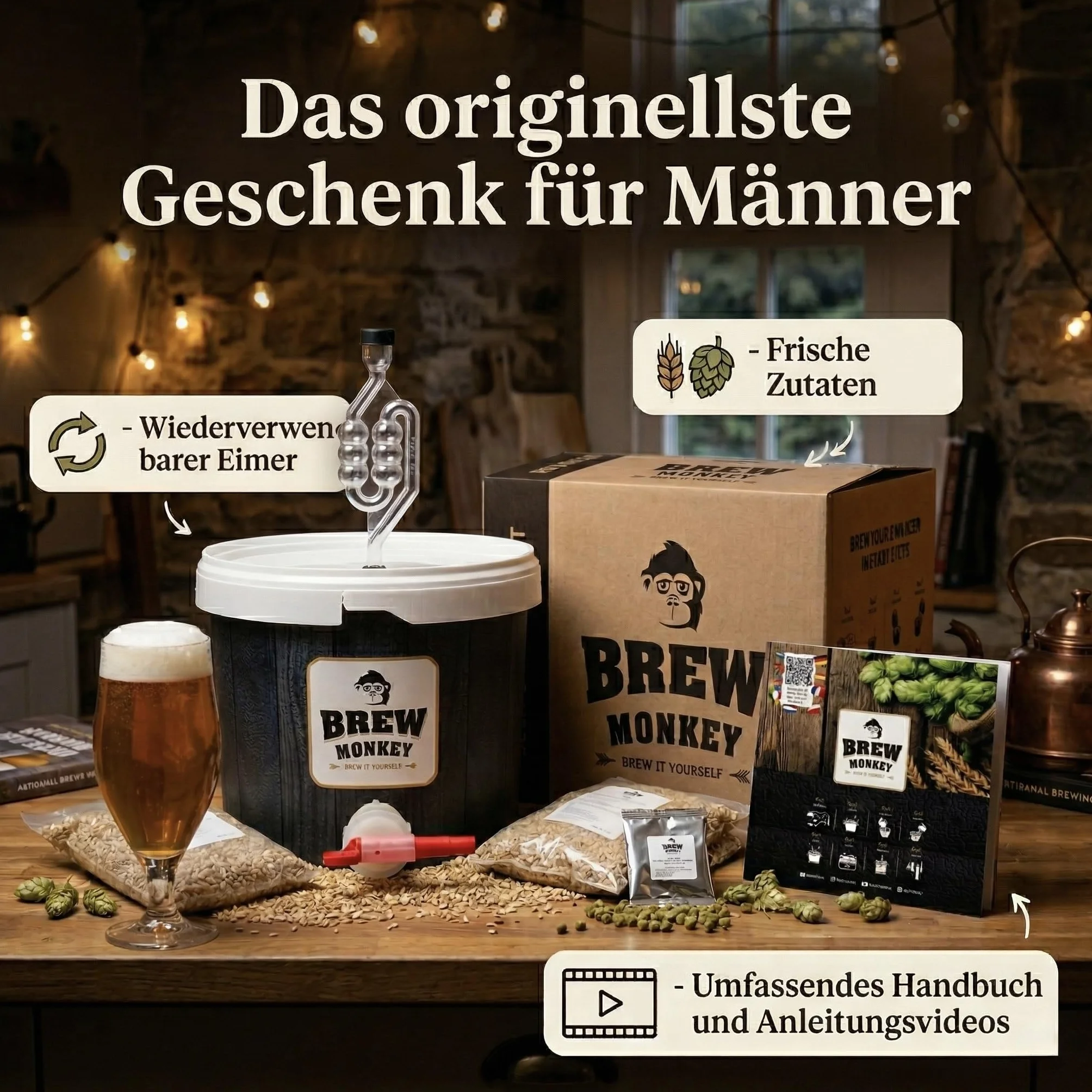 Brew Monkey® Zestaw do warzenia piwa Blond | podstawowy zestaw 5 litrów piwa | 6,4% obj. | zestaw do warzenia piwa | prezent dla mężczyzn | prezent urodzinowy dla mężczyzn | dla mężczyzn