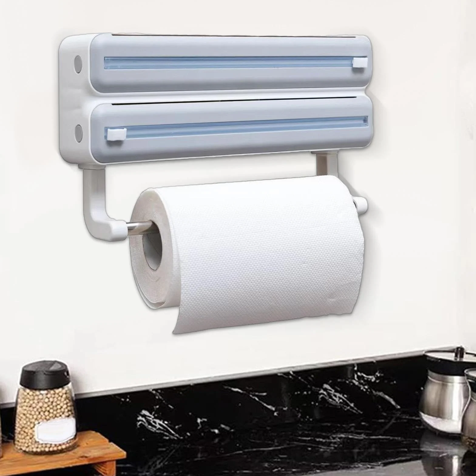 Aluminum Foil Dispenser, Wall Mount Storage Organizer, Wrap Storage Box, ABS Material, Built-in Cutter, Perfect for Kitchen Use and Food Cling Wrap Film Organization