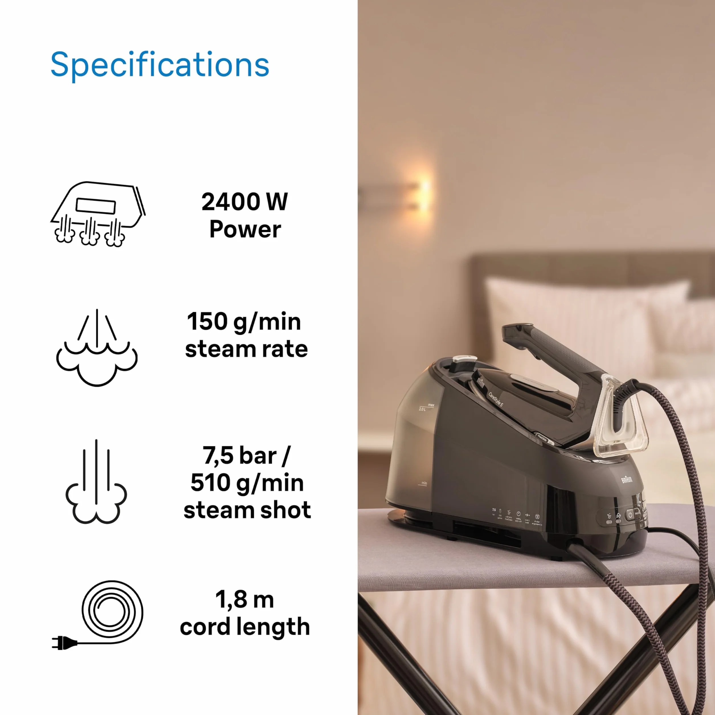 Braun CareStyle5 IS5249BK żelazko z kotłem z 5 lat serwisu, 150 g/min Para, szybkie ogrzewanie, tryb iCare, pionowe prasowanie, zdejmowany zbiornik 2L, 2400 W, czarny