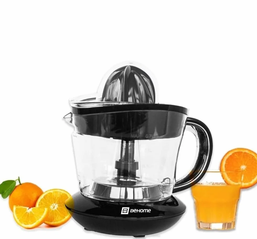 Behome Elektryczna wyciskarka do cytrusów, mała pojemność 700 ml, z tworzywa sztucznego, dwukierunkowy ruch, podwójny stożek, karafka z podziałką, czarna