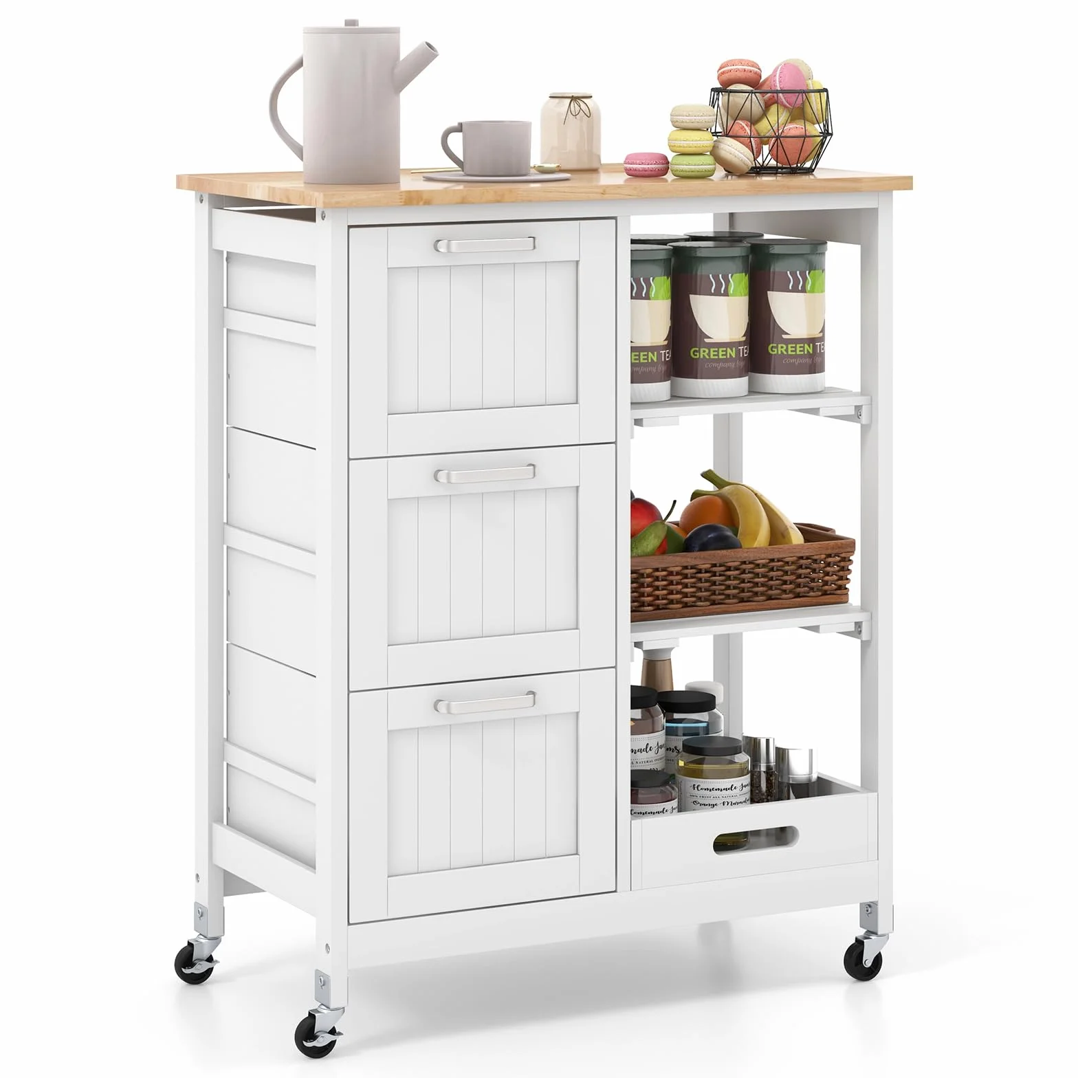 COSTWAY Wózek Kuchenny z Tacą 2 Poziomy 3 Duże Szuflady Regał Magazynowy Wyspa Kuchenna z Drewna Kauczukowego i Sosnowego 67x37x82,5 cm