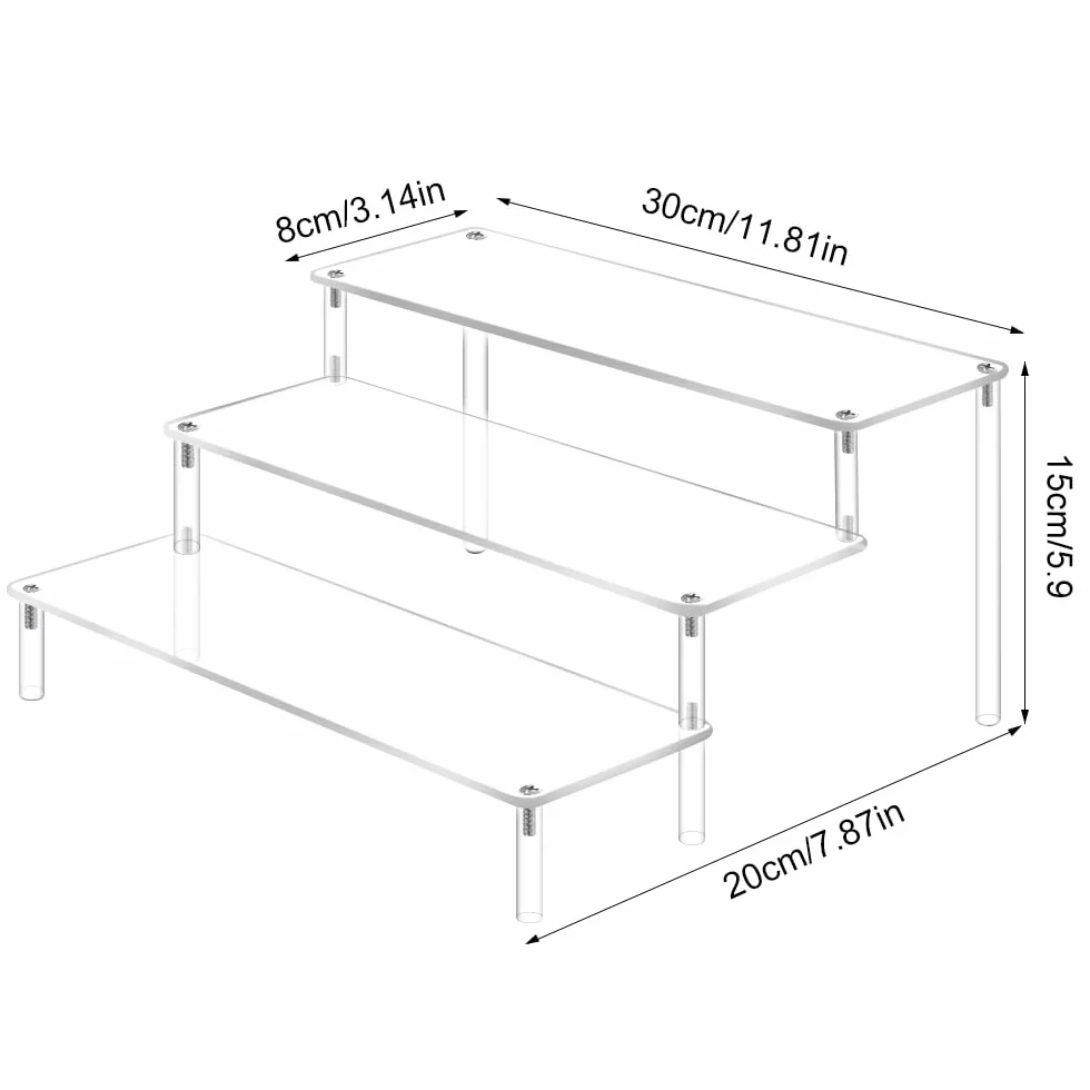 3 poziomy, akrylowy stojak na wystawę kolekcjonerskich figurek , biżuterię, ciasto, szminkę, lakier do paznokci, (30 x 8 x 15 cm)