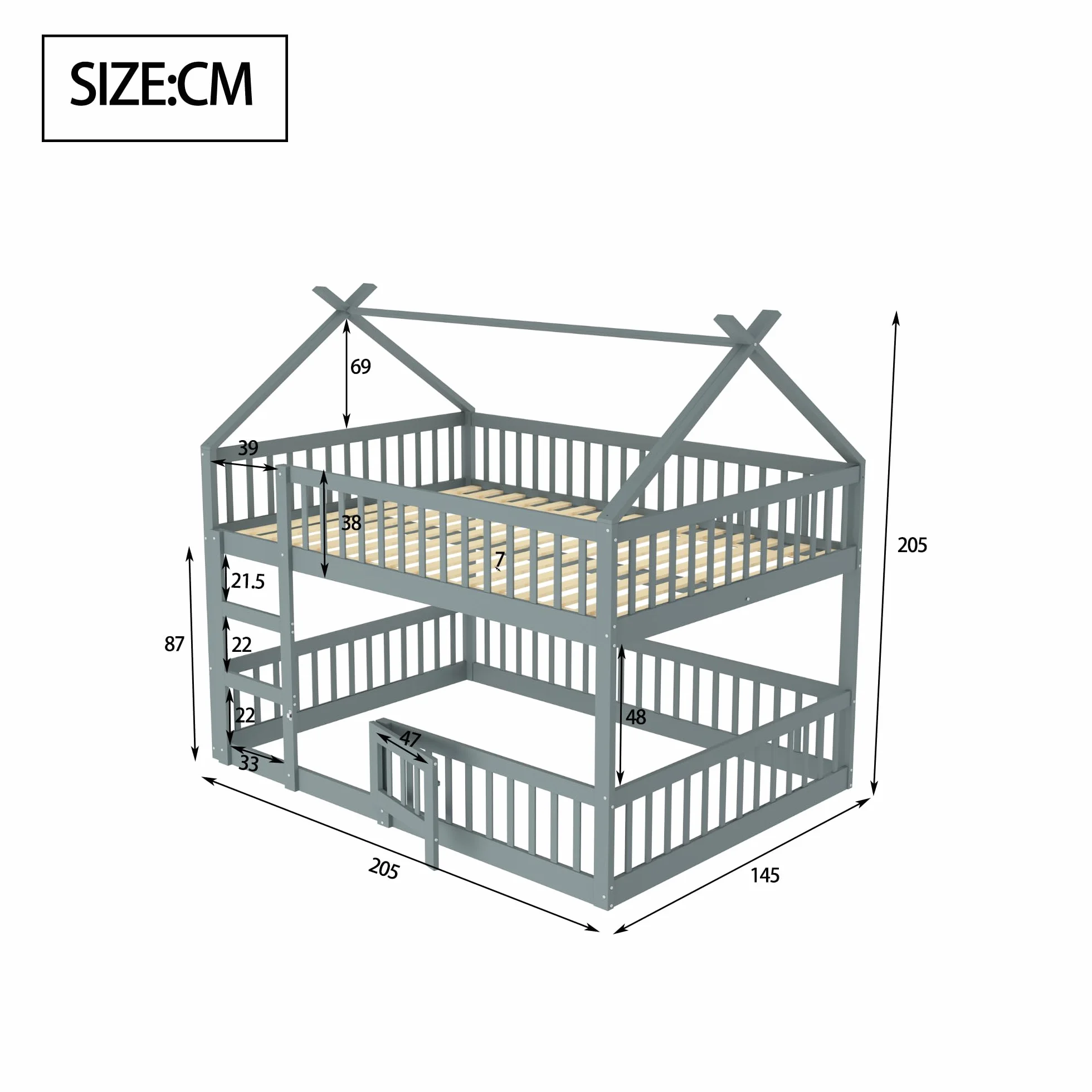 Dziecięce łóżko piętrowe 140 x 200, rodzinne łóżko dziecięce, ze schodami, styl loft, rama łóżka piętrowego z litego drewna, kolor szary