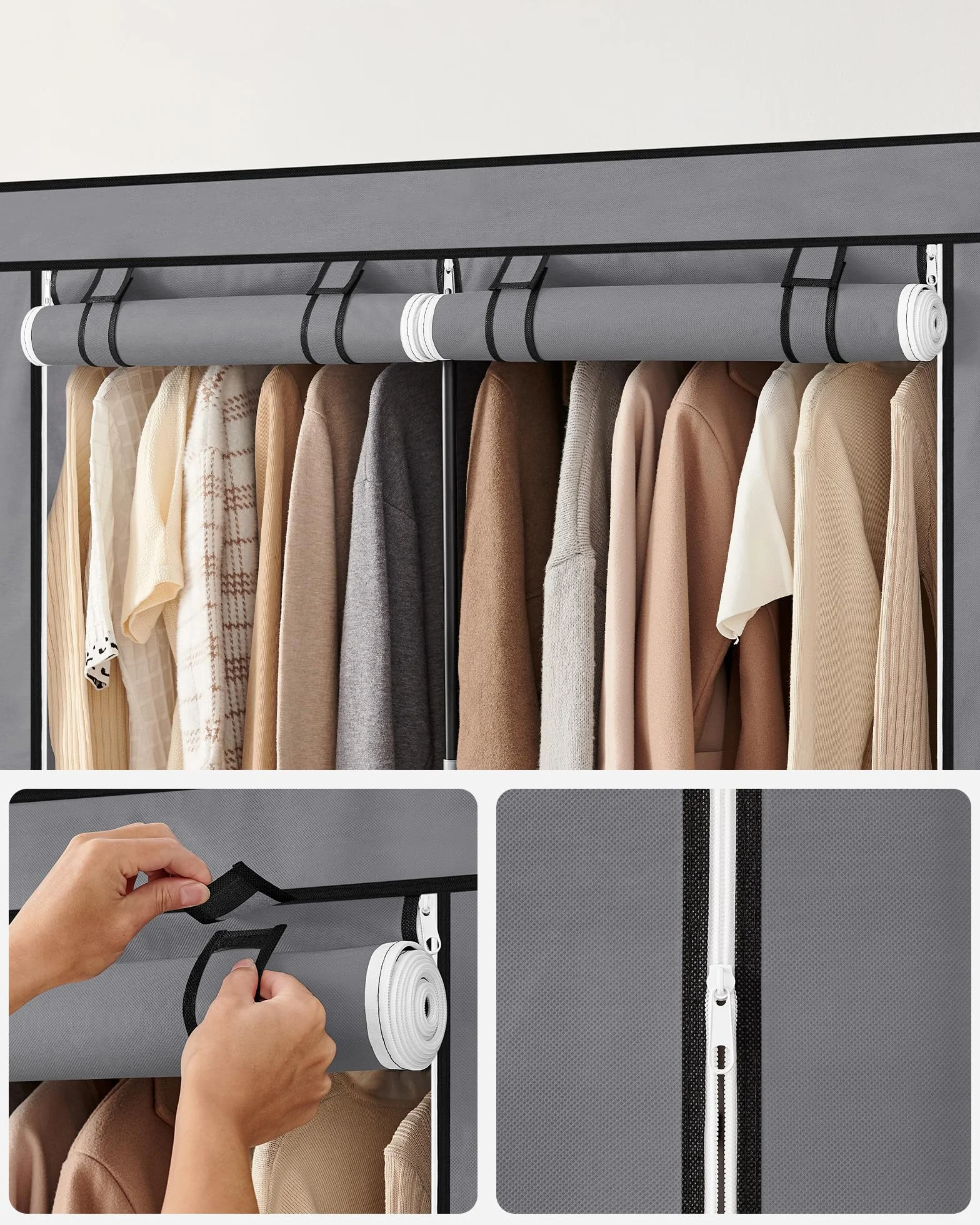 SONGMICS Szafa z materiału, szafa na ubrania, 45 x 127 x 176 cm, 2 półki wiszące, z półkami, 4 kieszenie boczne, dużo miejsca, do sypialni, salonu, szara RYG008G02