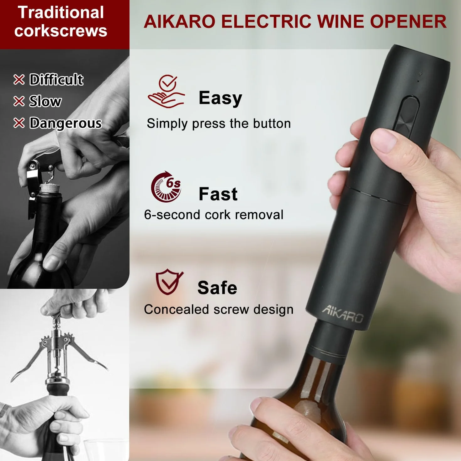 AIKARO - Elektryczny Otwieracz Do Butelek Wina Automatyczny Korkociąg, Ładowalny (Zestaw A)