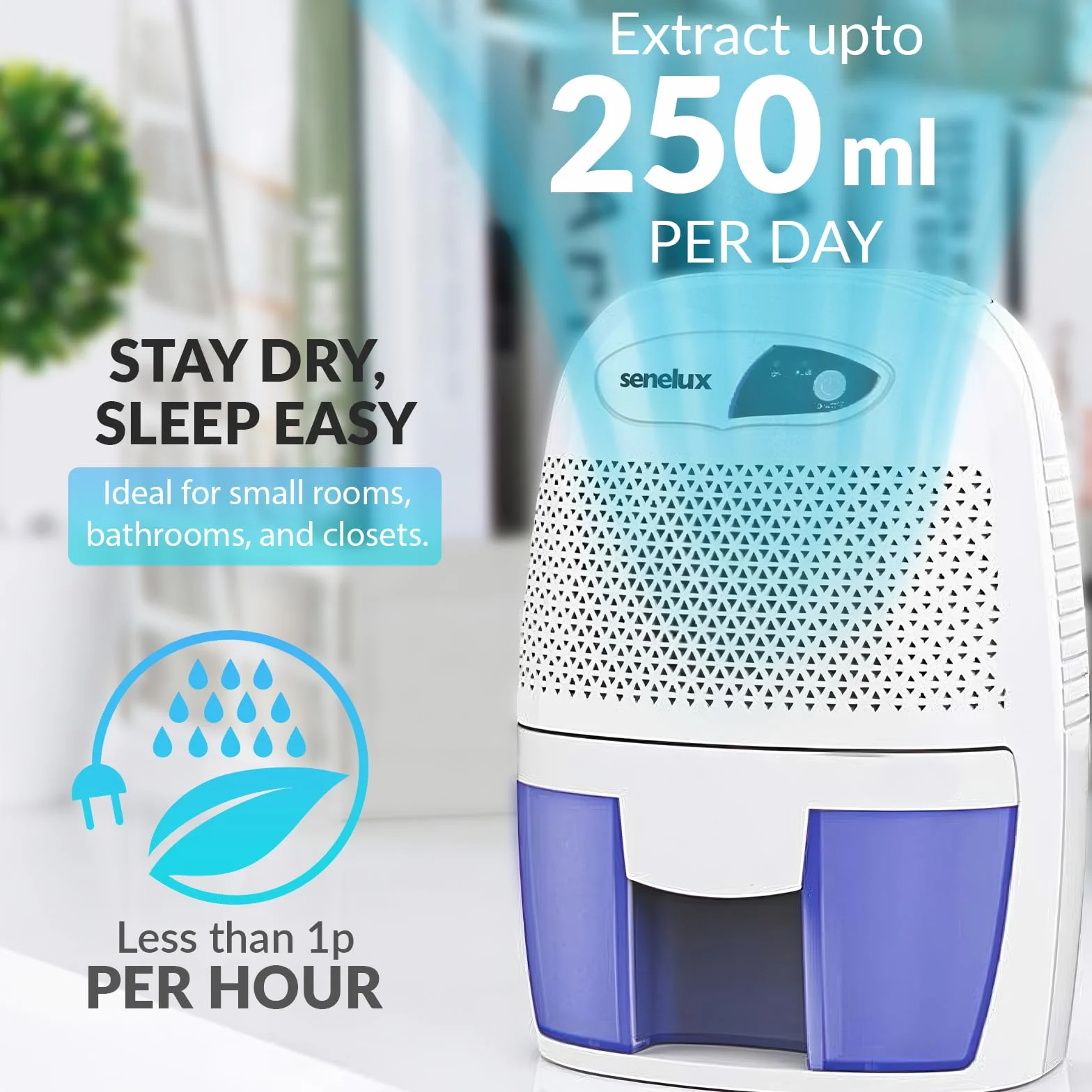 Senelux Mocny 500 ml Mini Przenośny Najlepszy Cichy Osuszacz Powietrza Mały Osuszacz Powietrza Skuteczny i Stabilny, Wilgoć w Domu, Przenośny Pochłaniacz Wilgoci dla Małych Pokoi, Łazienki, Piwnicy