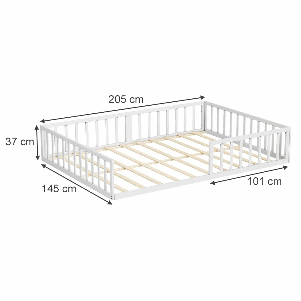 VitaliSpa Łóżko podłogowe Minno 140x200, łóżko dziecięce z metalu, łóżko Montessori z barierką zabezpieczającą, niska wysokość wejścia, biały