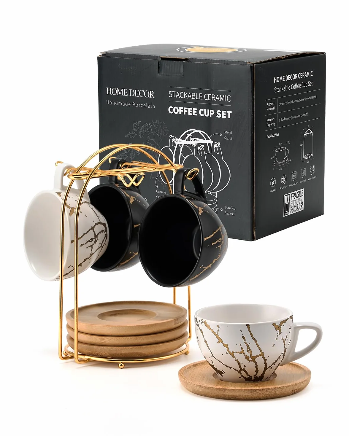 Home Decor Ceramiczne kubki do cappuccino, zestaw 4 sztuk, 220 ml, możliwość układania w stos, z metalowym stojakiem, dla miłośników kawy, cappuccino, latte, Americano i herbaty, kolor czarno-białe