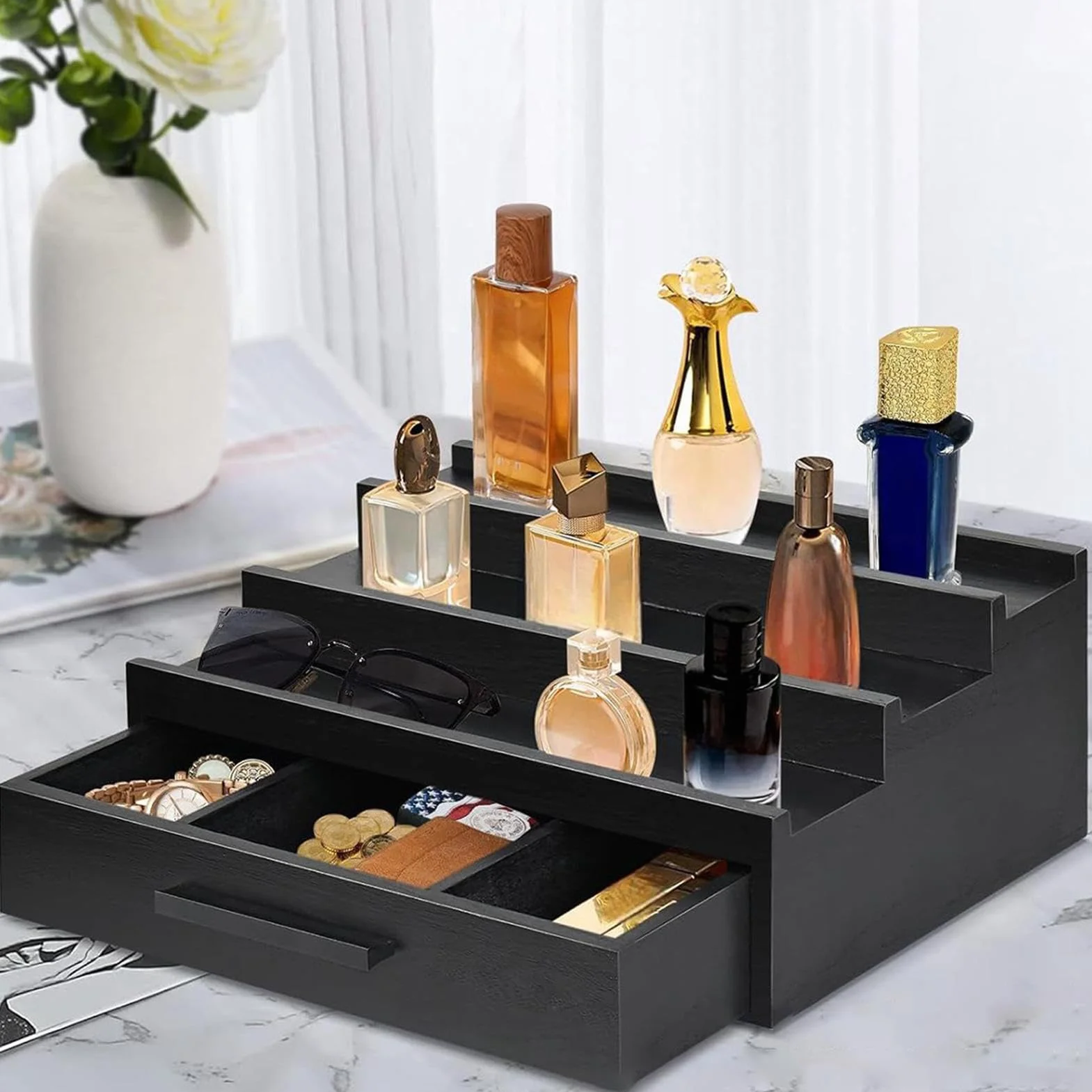 Organizer na perfumy, stojak na perfumy, trójwarstwowy stojak na perfumy, drewniany stojak na perfumy, czarny organizer na perfumy z szufladami na zegarki, pokój