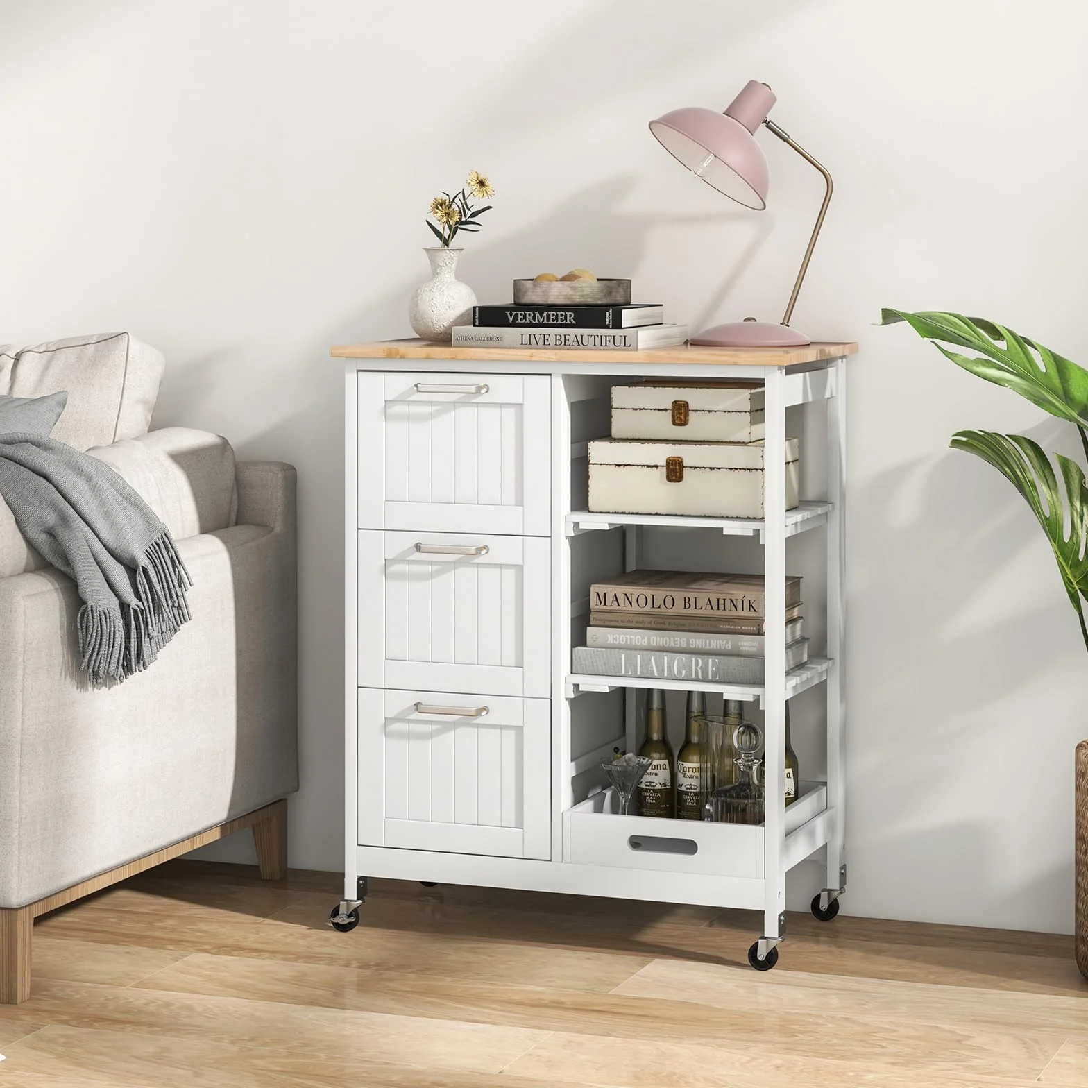 COSTWAY Wózek Kuchenny z Tacą 2 Poziomy 3 Duże Szuflady Regał Magazynowy Wyspa Kuchenna z Drewna Kauczukowego i Sosnowego 67x37x82,5 cm