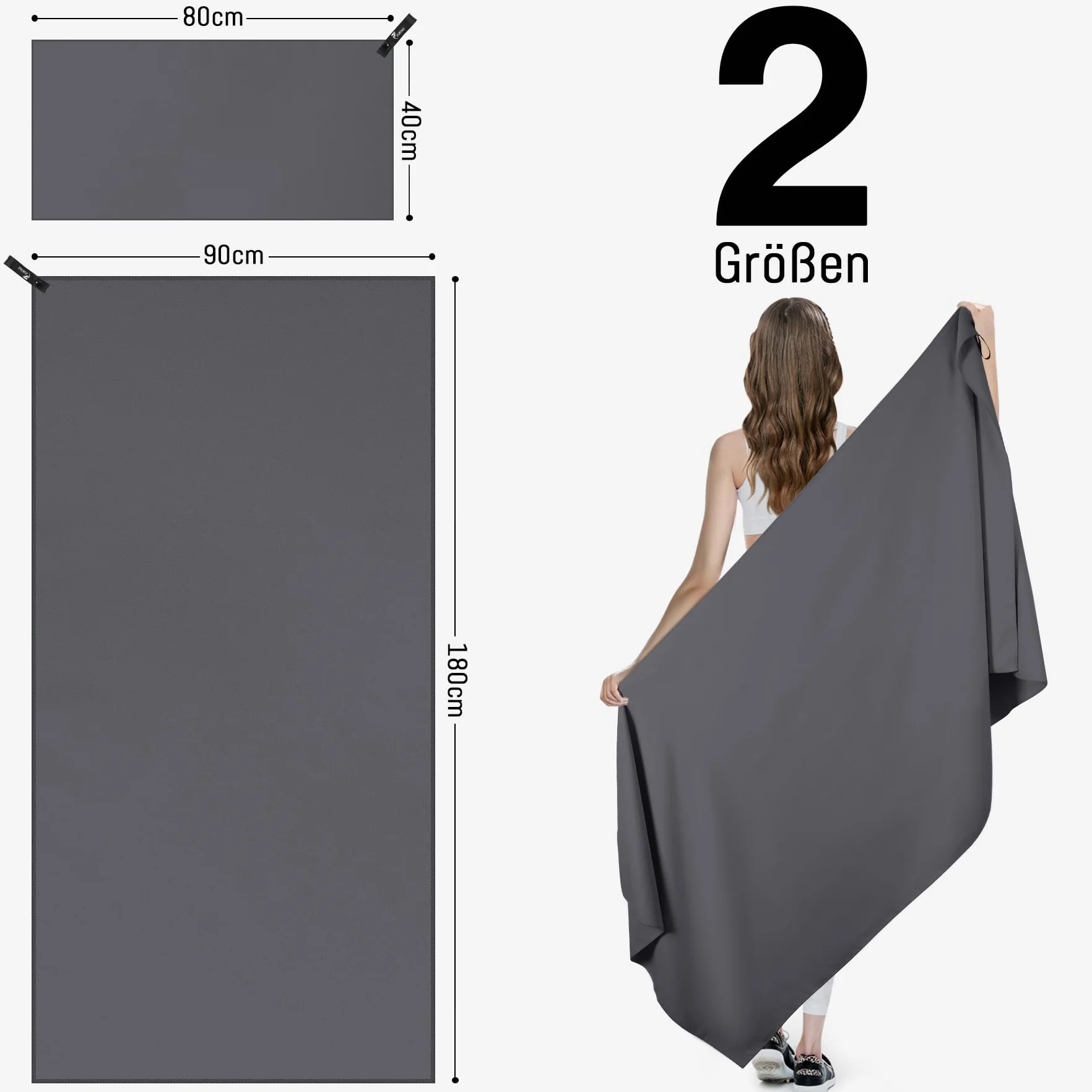 Ręcznik z Mikrofibry, Zestaw 2 sztuk, 180 x 90 cm, Ręcznik Plażowy z Mikrofibry + 80 x 40 cm, Ręcznik Sportowy, Szybkoschnący i Wolny od Piasku, do Sauny, na Plażę, Trekking (Ciemnoszary)