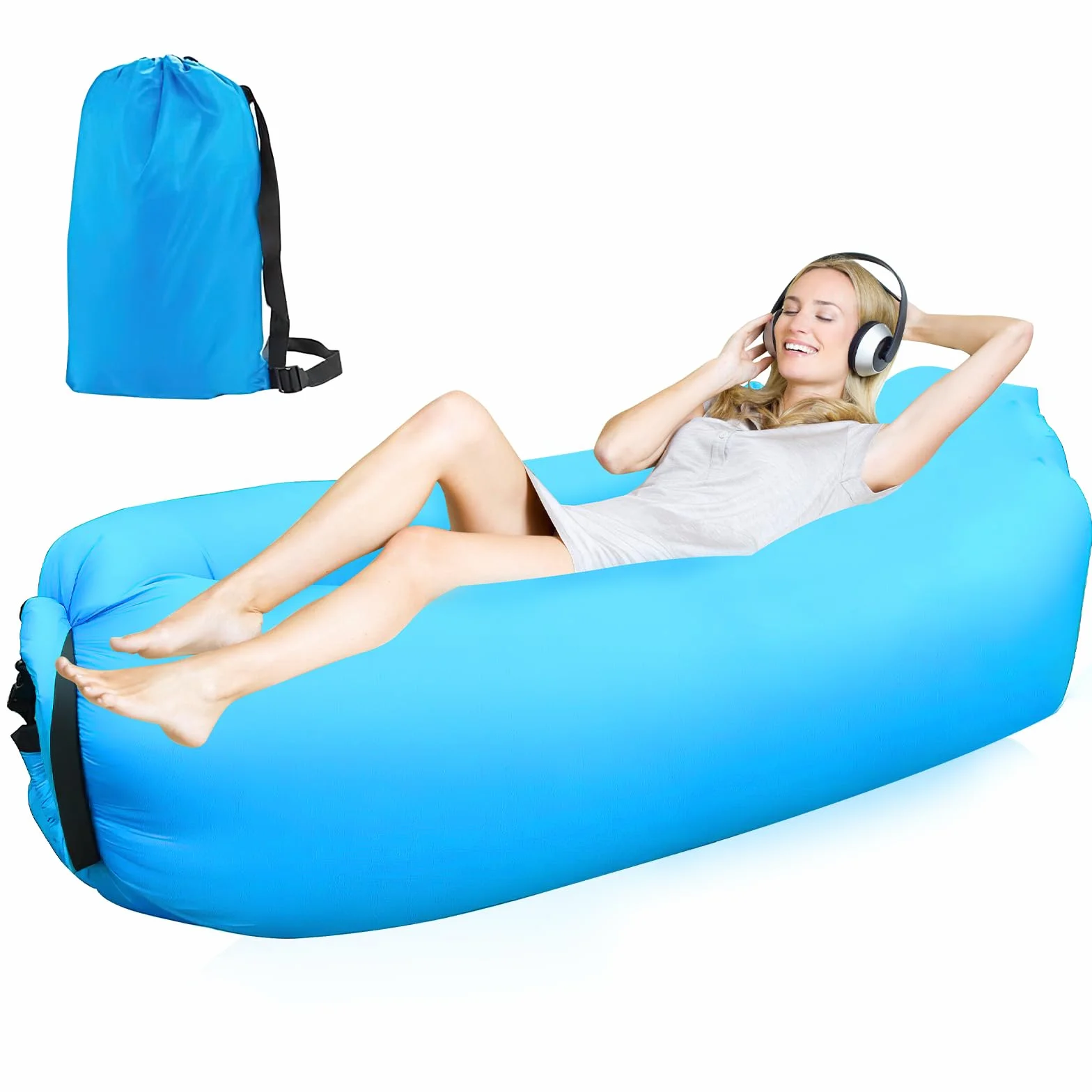 Wodoodporna nadmuchiwana sofa, 200 x 70 cm, sofa powietrzna, leżak powietrzny, na kemping, do parku, na plażę, nad morze, na podwórko, niebieska