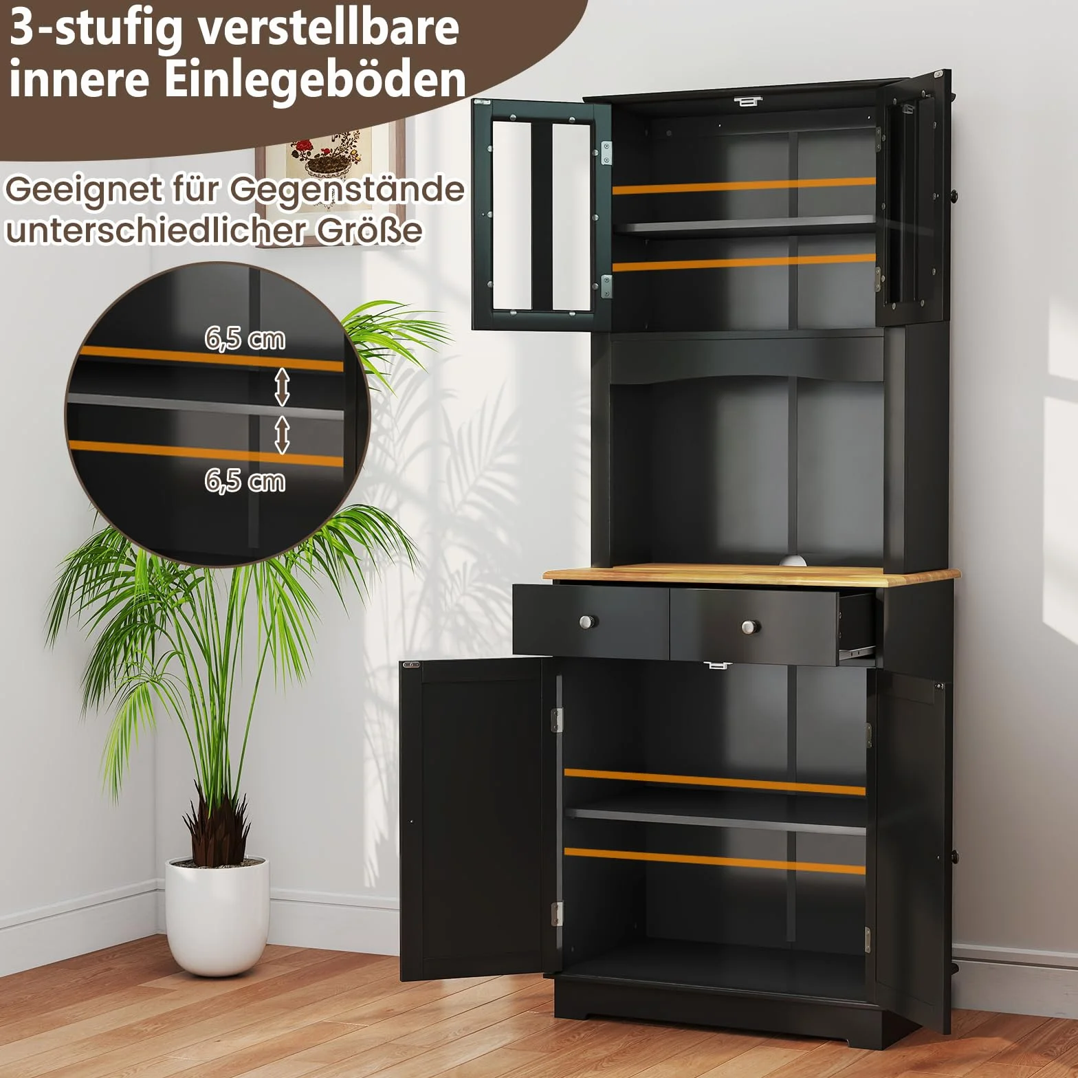 COSTWAY szafka kuchenna wysoka, 170 cm szafka bufetowa drewniana, szafka wysoka z 2 szufladami i regulowanymi półkami i drzwiami szklanymi i otworem na kable, szafka bufetowa wolnostojąca, bufet do