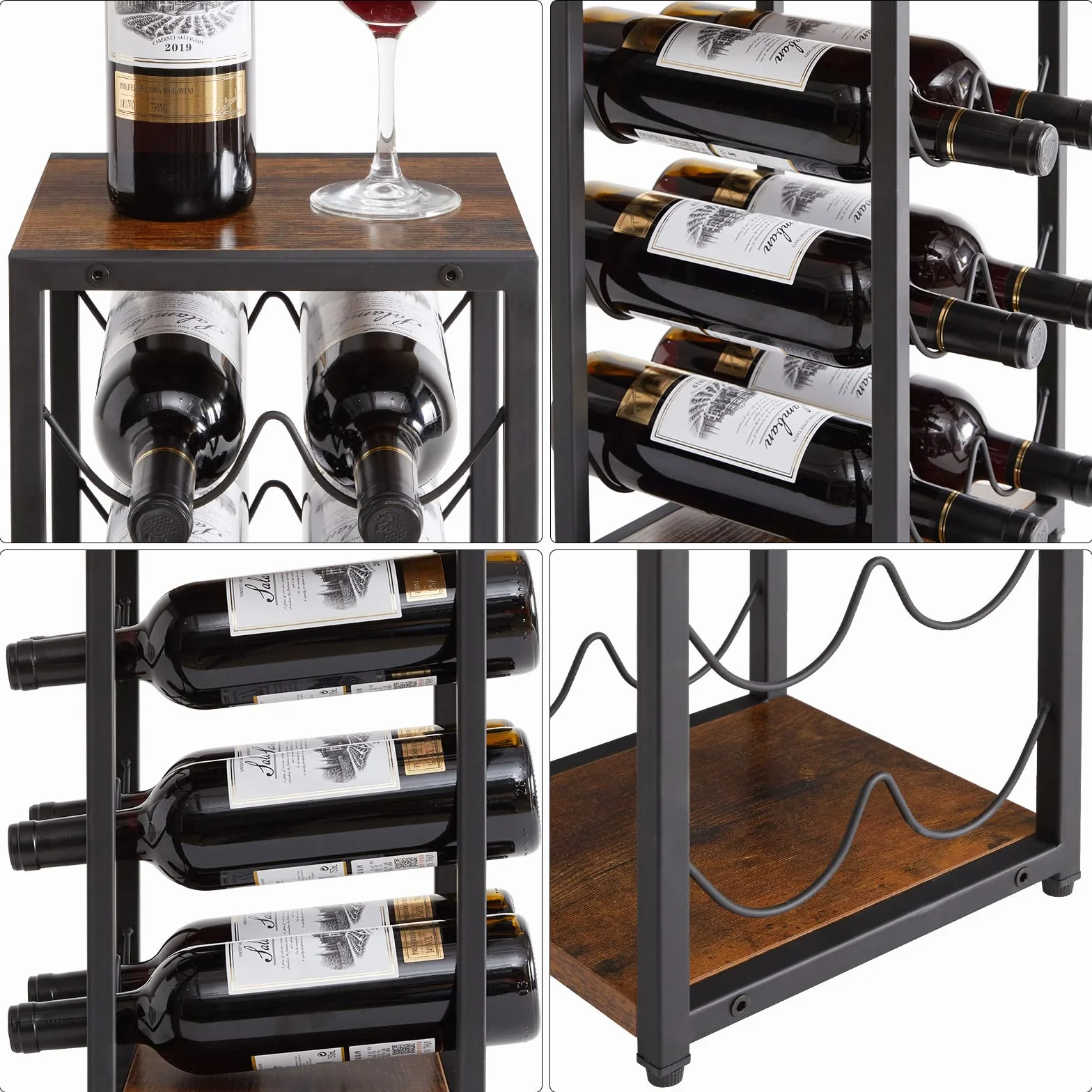 IBUYKE Metalowy stojak na wino, 6 butelek, wolnostojący uchwyt do przechowywania wina, 3-poziomowy uchwyt na butelki vintage, półka do przechowywania, do szafki, blatu
