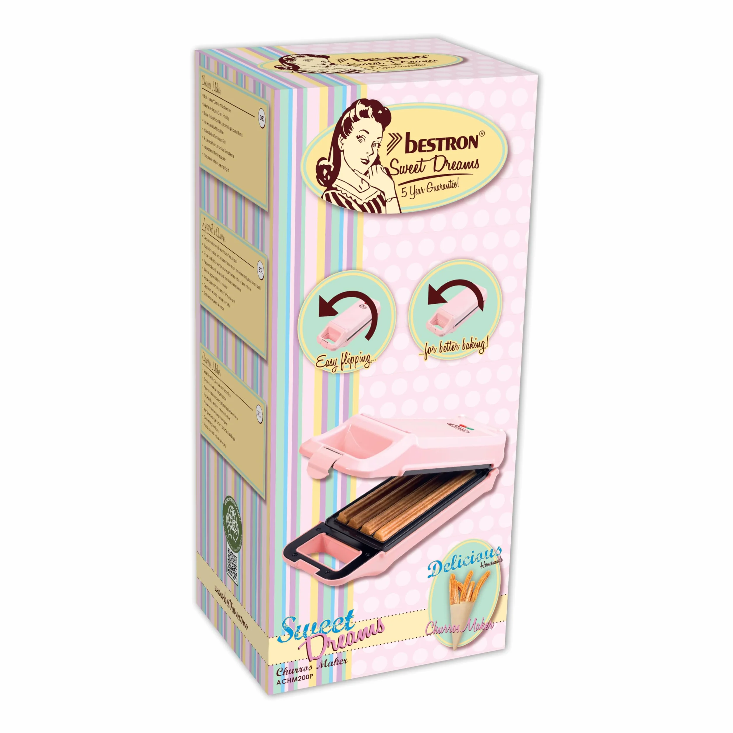 Bestron Churros Maker, gofrownica na maks. 4 churros, maszyna churros w stylu Sweet Dreams, 700 W, kolor: różowy
