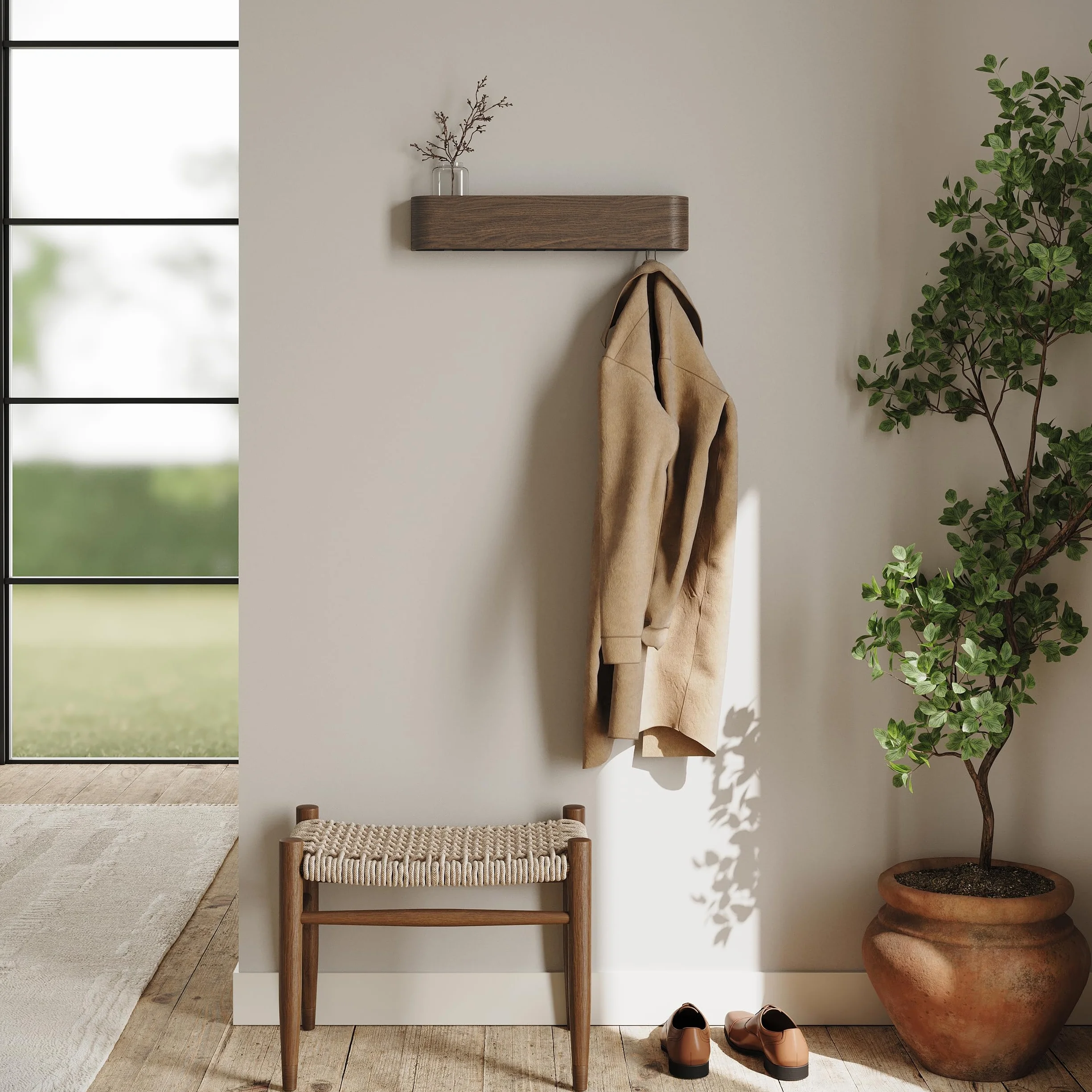 KAZAI. Wieszak na kurtki ścienny 'Toke' | Nowoczesny design z ukrytymi haczykami ściennymi | Panel z litego drewna fornirowanego | Dąb, ciemny