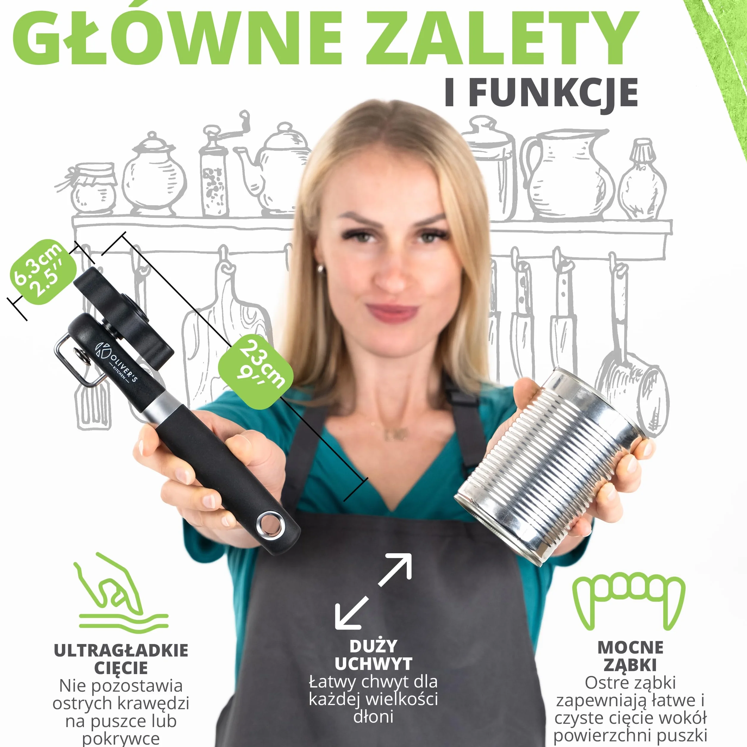 Oliver's Kitchen ® Bezpieczny Otwieracz do Puszek – Solidny Otwieracz do Konserw z Wygodnym Uchwytem – Ręczny Otwieracz Zapobiegający Skaleczeniom – Ostre i Bezpieczne Ostrza