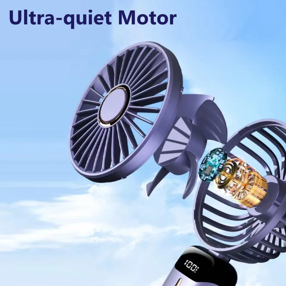 Przenośny wentylator ręczny, osobisty wentylator ładowany przez USB, 4800 mAh, składany mini wentylator biurkowy 90°, z cyfrowym wyświetlaczem LED, 5 prędkości, wielofunkcyjny wentylator do