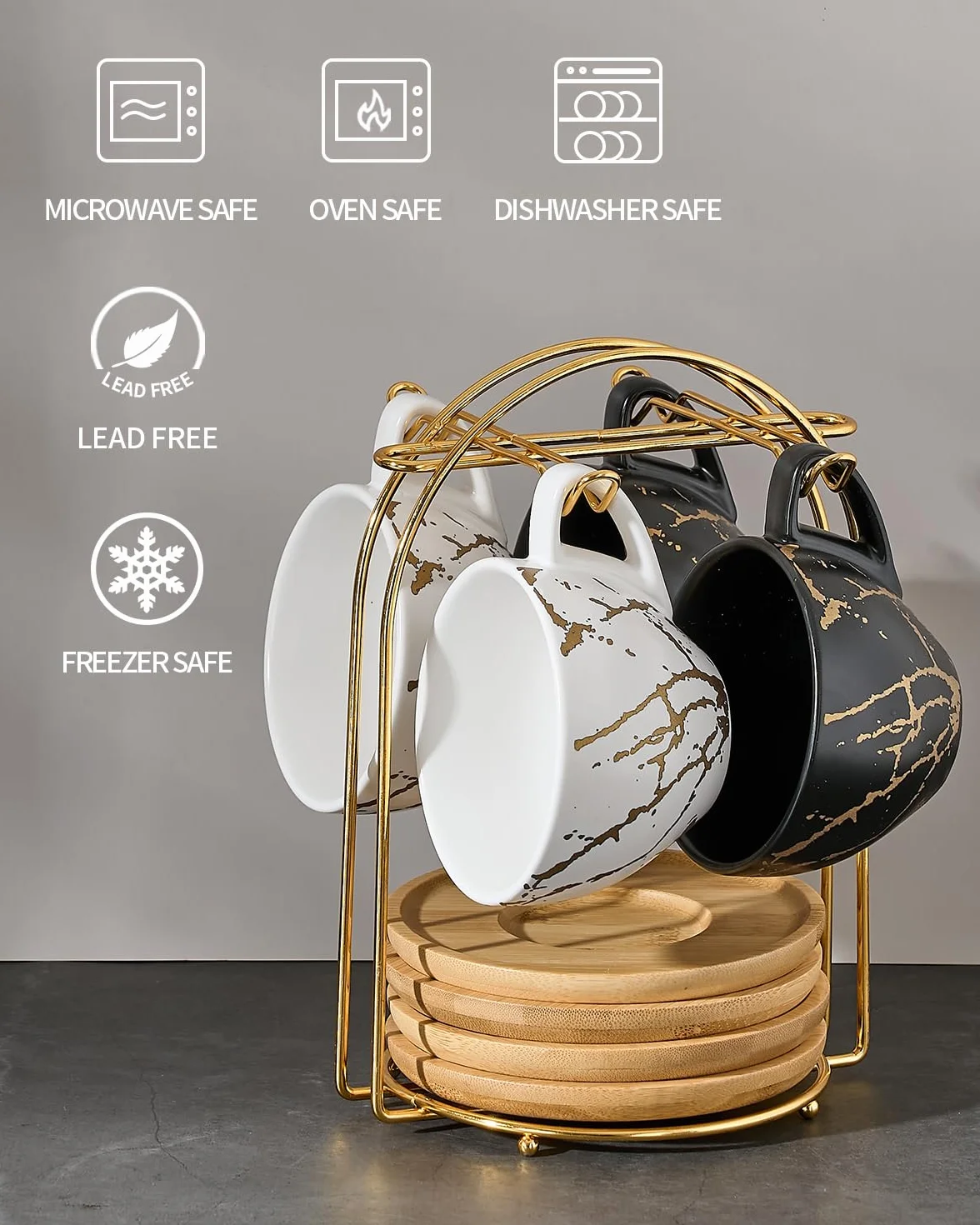 Home Decor Ceramiczne kubki do cappuccino, zestaw 4 sztuk, 220 ml, możliwość układania w stos, z metalowym stojakiem, dla miłośników kawy, cappuccino, latte, Americano i herbaty, kolor czarno-białe