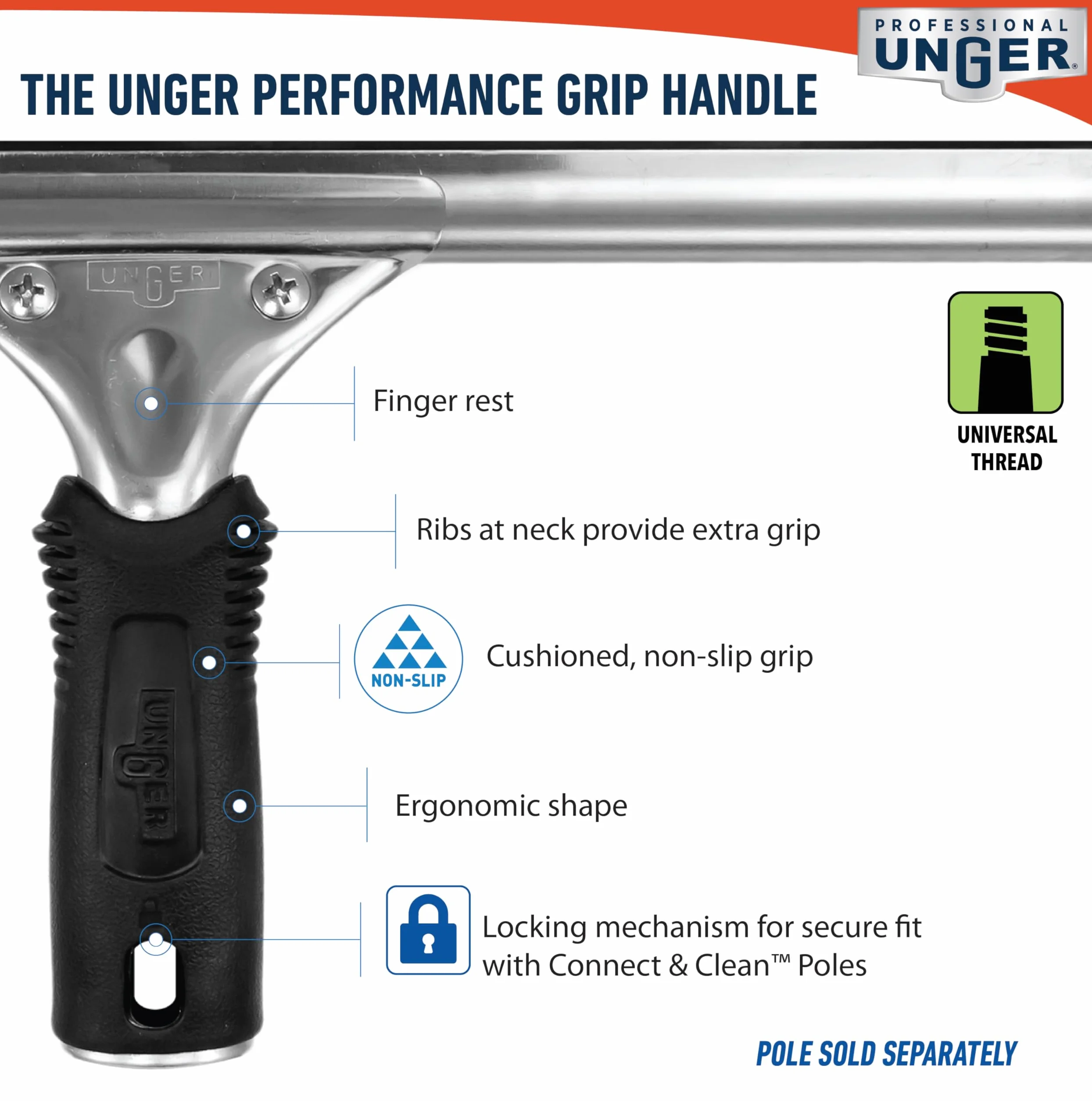 Unger Professional 12" Performance Window & Glass Cleaning Squeegee with Replacement Rubber - Cleaning Supplies, Heavy Duty Squeege for Window Cleaning, Streak-Free Results