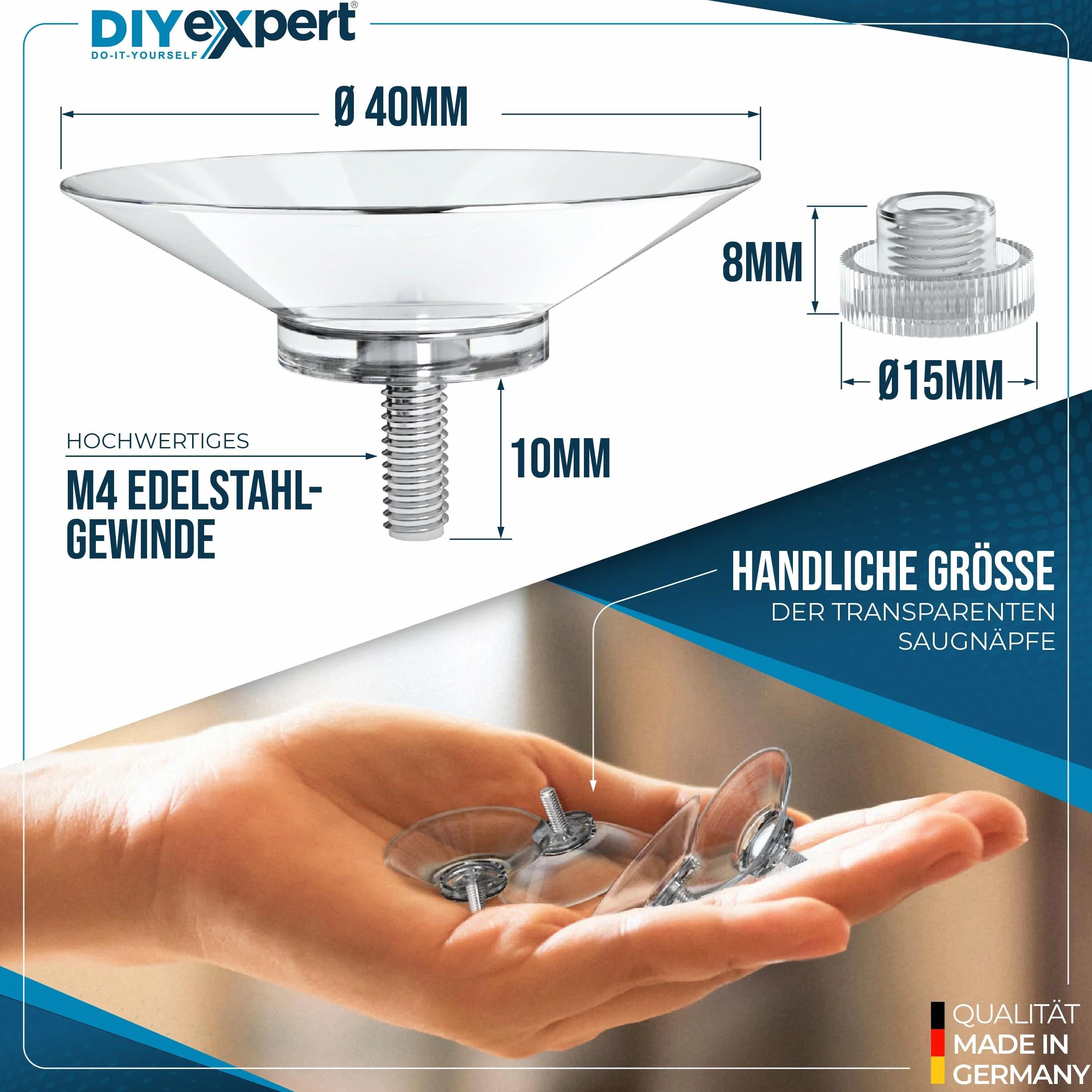 DIYexpert® 20 x przyssawka Ø 40 mm, z gwintem M4 x 10 mm, w zestawie nakrętki radełkowane przezroczyste - wyprodukowano w Niemczech