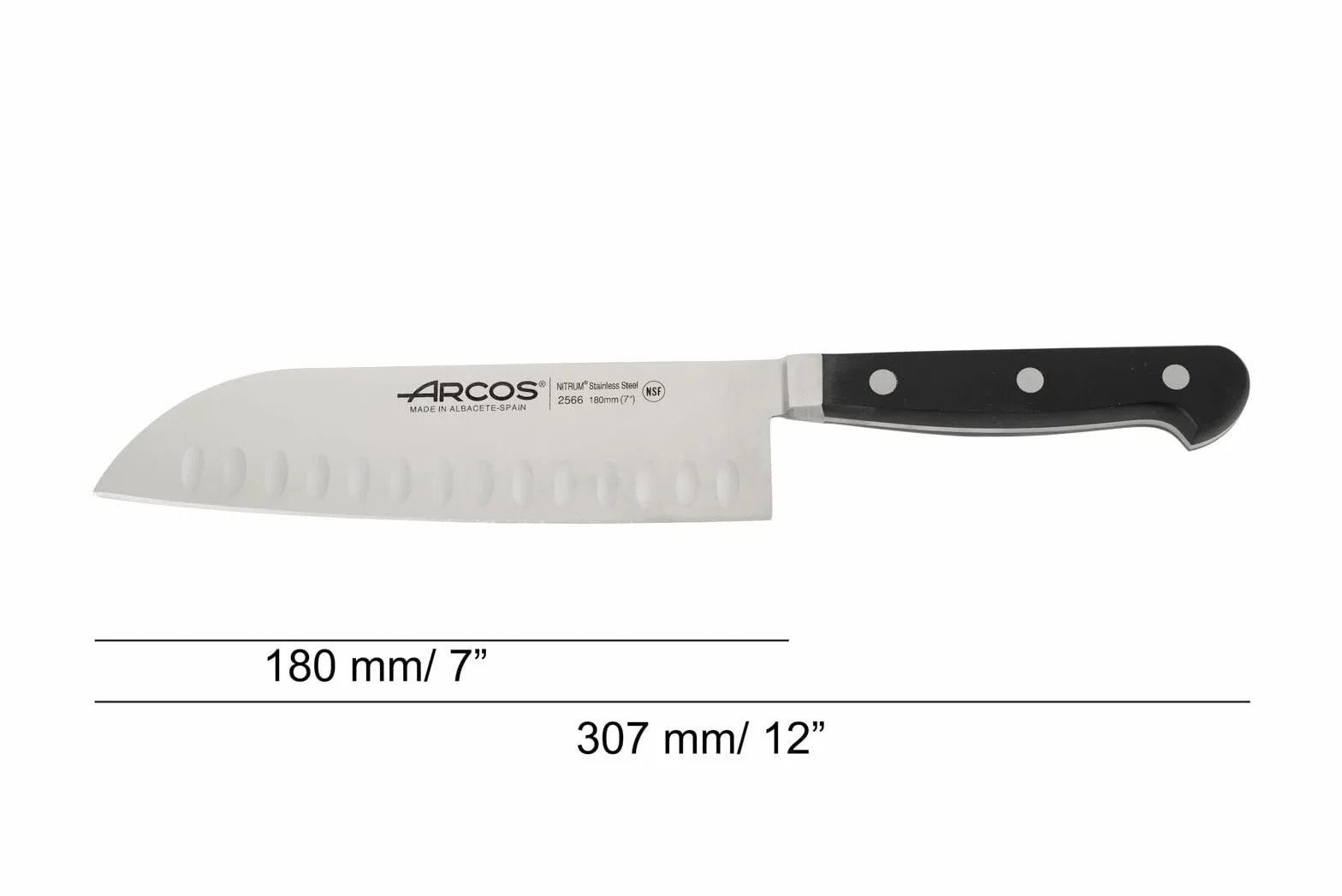 Arcos 256600 Seria Clasica - nóż Santoku nóż w stylu azjatyckim, ostrze z kutej stali nierdzewnej nitrom, 180 mm, uchwyt z polioksymetylenu (POM) kolor czarny