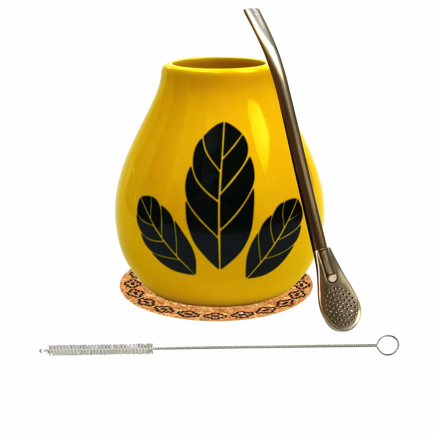 Hoja Yellow Yerba Mate zestaw 350 ml kubek ceramiczny Bombilla stal nierdzewna 19 cm podkładka korkowa szczotka