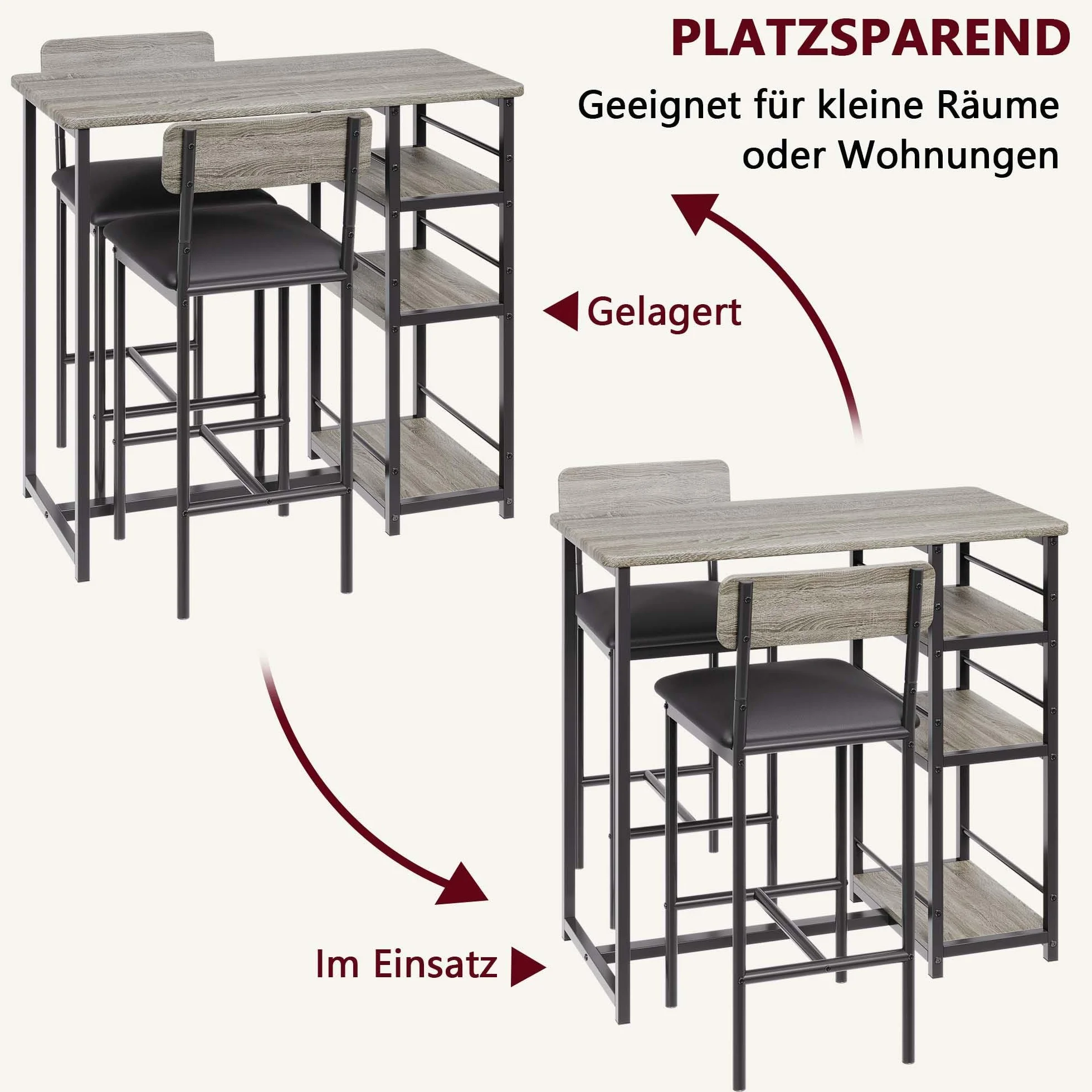 Litake Stół barowy z zestawem stołków barowych, stół stojący z 2 stołkami barowymi i 3 półkami bocznymi, 3-częściowy zestaw do jadalni, kuchni, salonu, szary