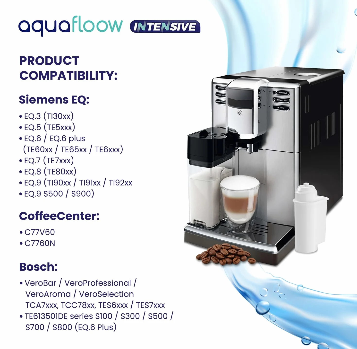 Aquafloow filtr wody do ekspresów automatycznych Siemens® – zgodny z BRITA® Intenza 575491, Siemens TZ70003/TZ70033, Bosch® TCZ7003/TCZ7033 – EQ6/EQ9/EQ500/EQ700 – (6x) wkład zamienny