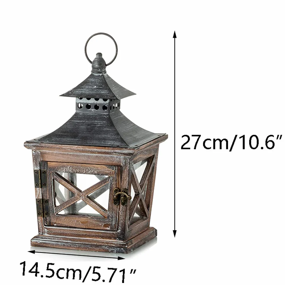 Nuptio Drewniana latarnia na świece: Latarnie stare świece wewnętrzne, metalowe świeczniki i szkło na Halloween, do salonu, kominek centrów stołowych ornamenty, wysokość 27 cm