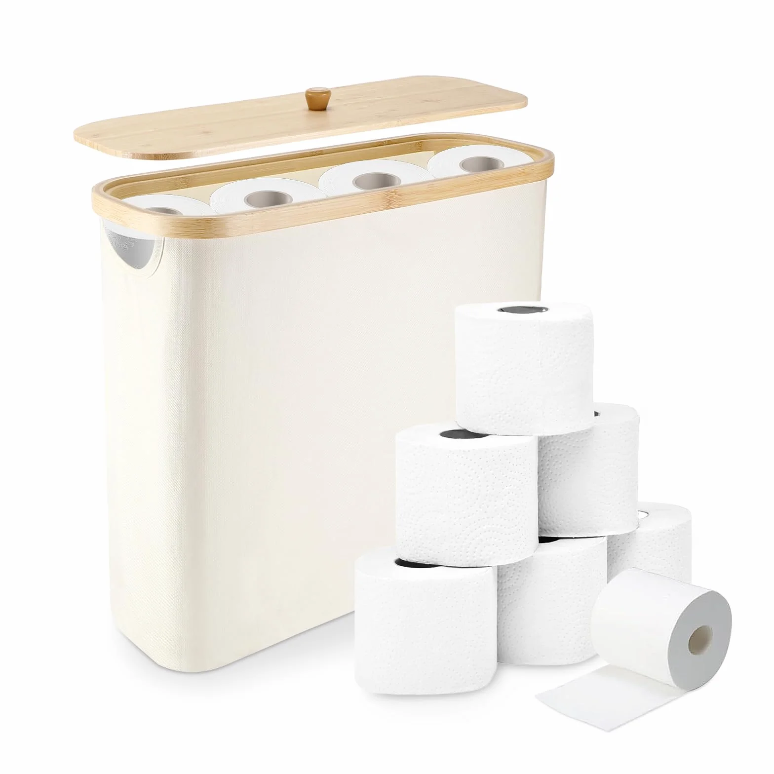 Zikenis Pudełko do przechowywania papieru toaletowego, 25 l, kosz do przechowywania papieru toaletowego z pokrywką z bambusa, na 12 rolek, tkanina Oxford, wodoszczelny, składany organizer na papier