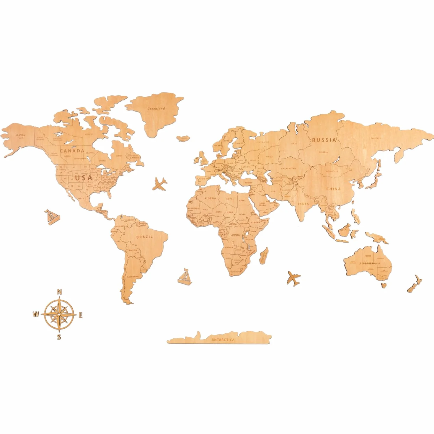 Creawoo Drewniana mapa świata, sztuka ścienna, mapa ścienna z naturalnego drewna do salonu, sypialni, dekoracja biura, dla pary, na święto wprowadzeniowe (100x57 cm / 39x22 cali)