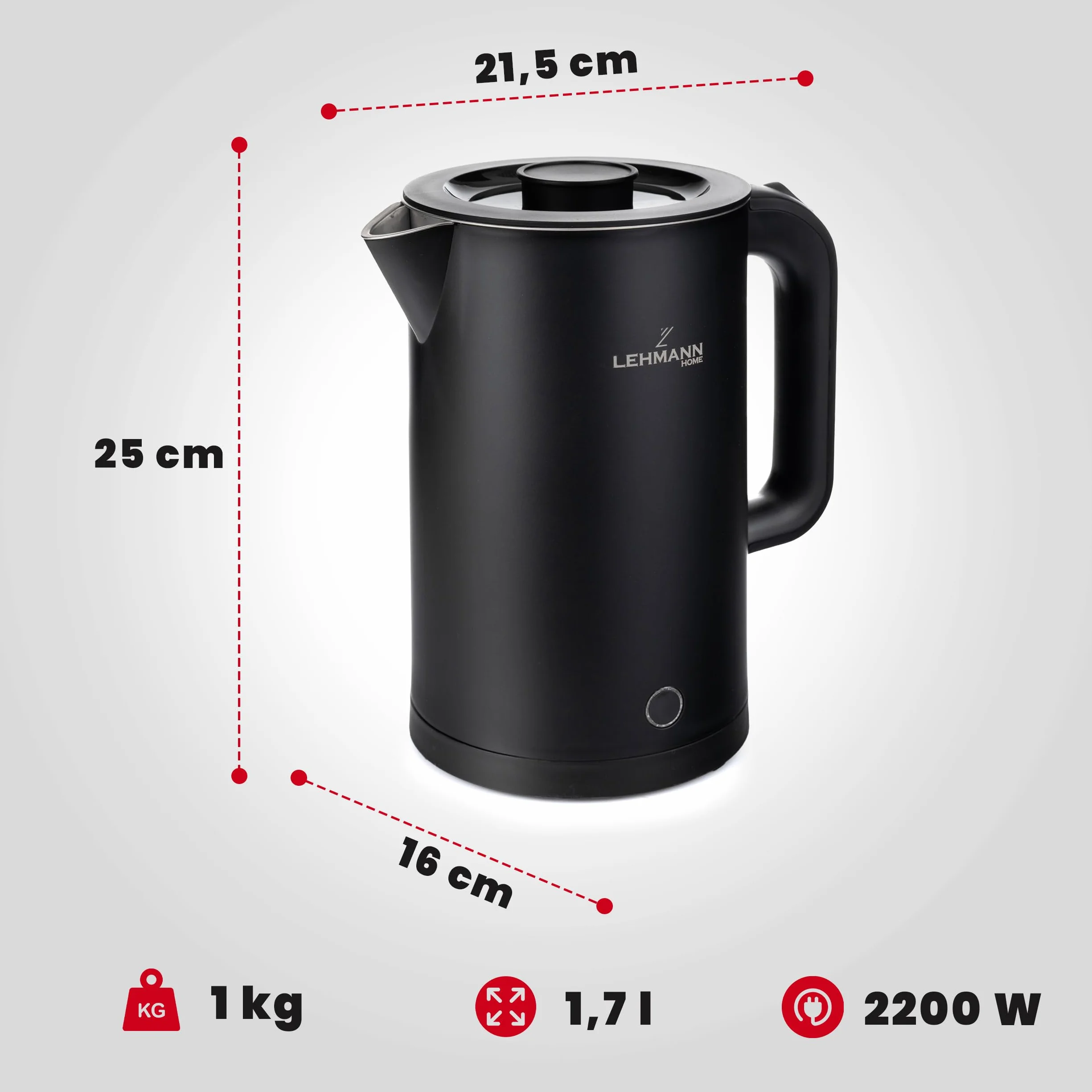 LEHMANN Czajnik elektryczny, 1,7 l, 2200 W, szybkie ogrzewanie, podwójna ścianka, stal nierdzewna, obrotowa podstawa o 360°, automatyczne wyłączanie, bez zawartości BPA-do herbaty, kawy, jedzenia dla