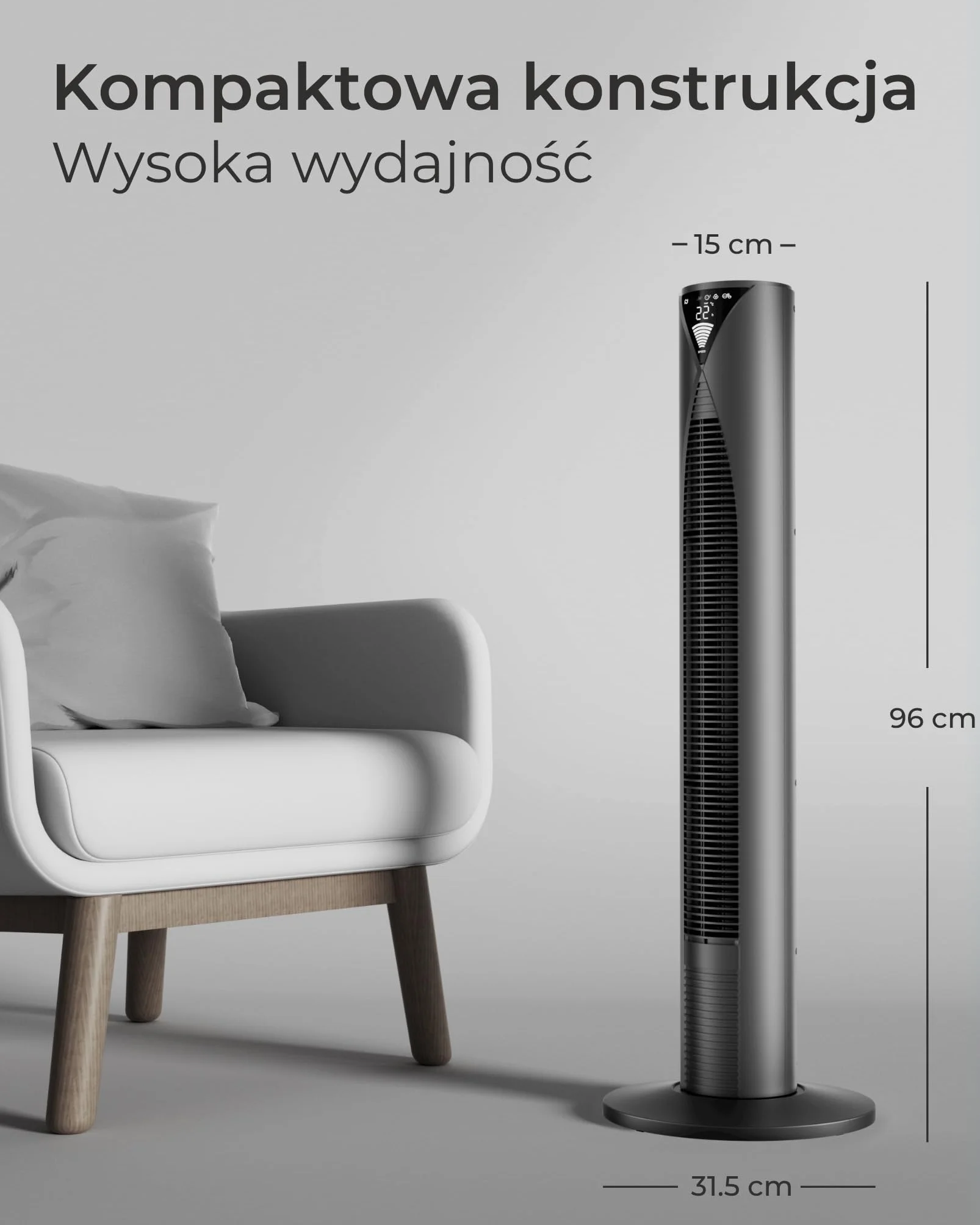 CF2205 - wentylator wieżowy z pilotem zdalnego sterowania - 96 cm - ściemniany ekran LED - czarny