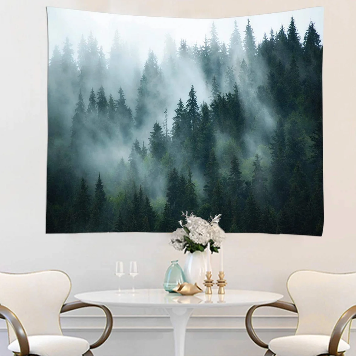 YISURE Misty Gobelin leśny, Gobelin ści enny Mgliste Drzewo, Duży Gobelin Natura Sosna Las Sztuka ścienna do sypialni Salon, 91"W x 71"L