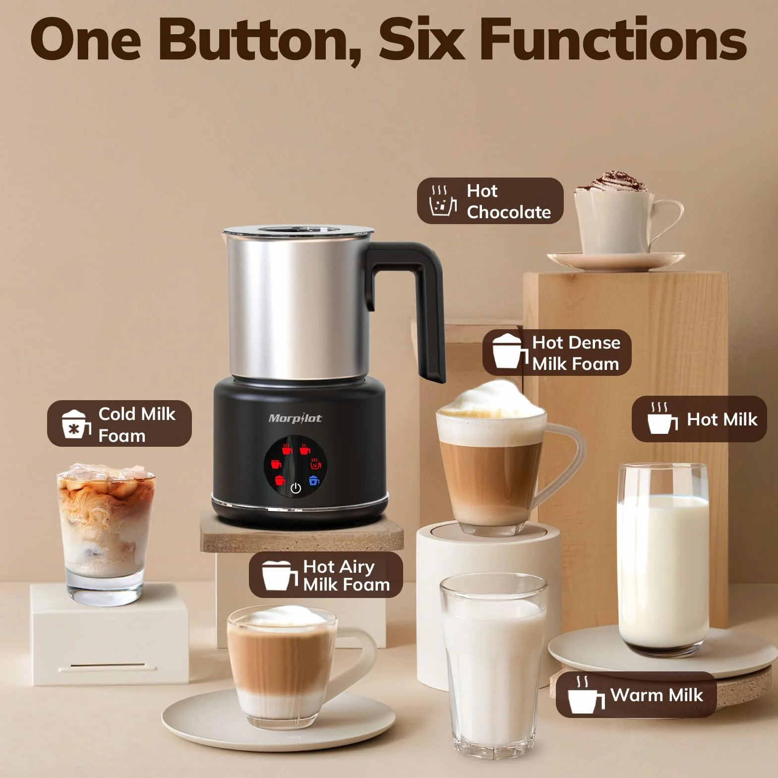 Elektryczny spieniacz do mleka, morpilot Milk Frother ze stali nierdzewnej, funkcja 6 w 1, pojemność 250 ml Cappuccino lub 500 ml ciepłe mleko, rozdzielony, czarny