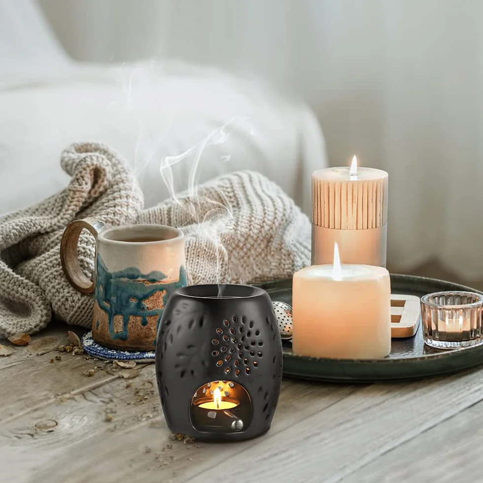 Ecooe aromatyczna lampa świecznik ceramiczny czarny z dyfuzorem aromatu łyżeczka do świec