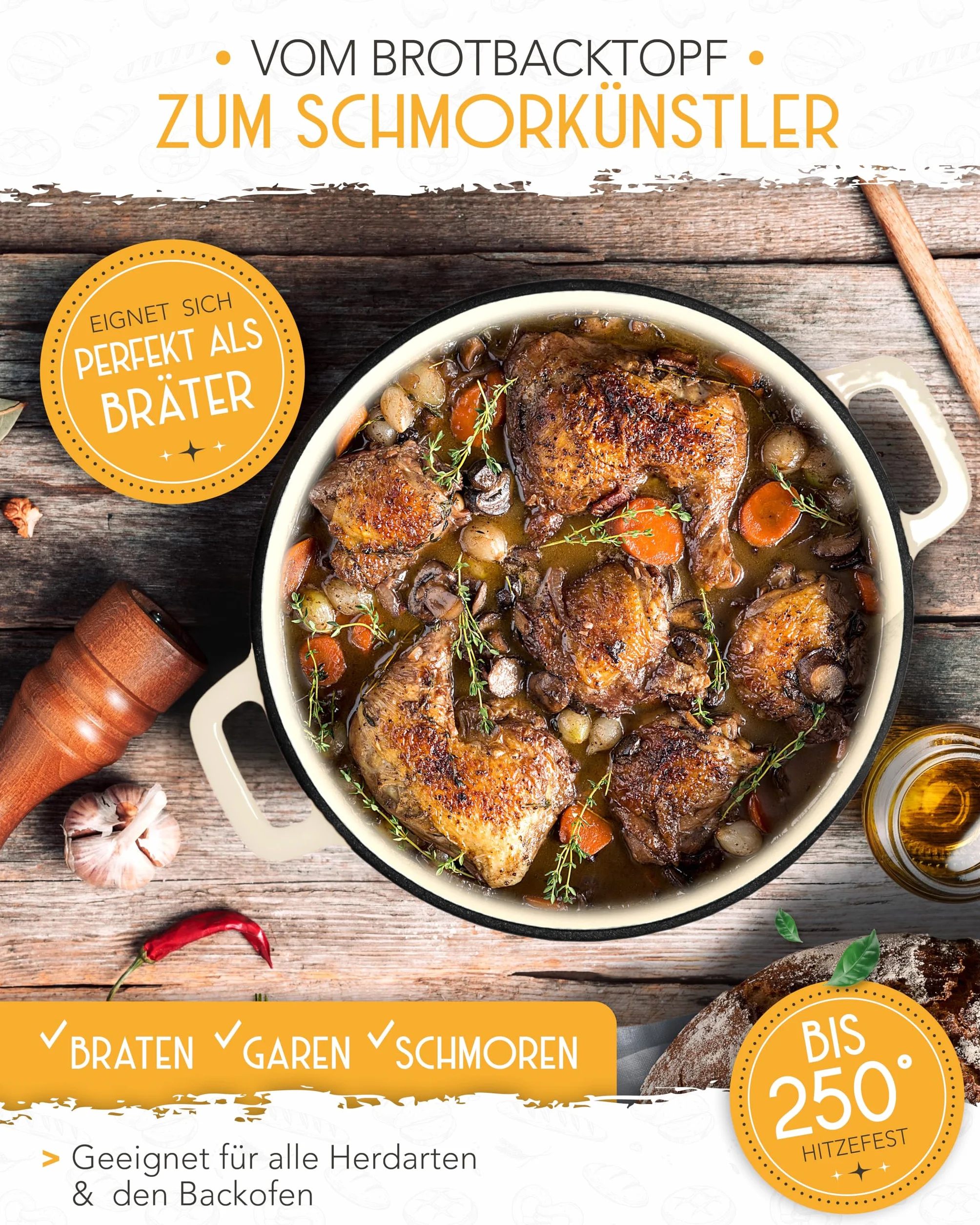 KRUSTENZAUBER Garnek żeliwny jako garnek do duszenia z pokrywką - 26 cm Emaliowany garnek jako żeliwny rondel lub garnek do pieczenia chleba - Nadaje się do pieczenia w piekarniku Dutch oven Garnek z