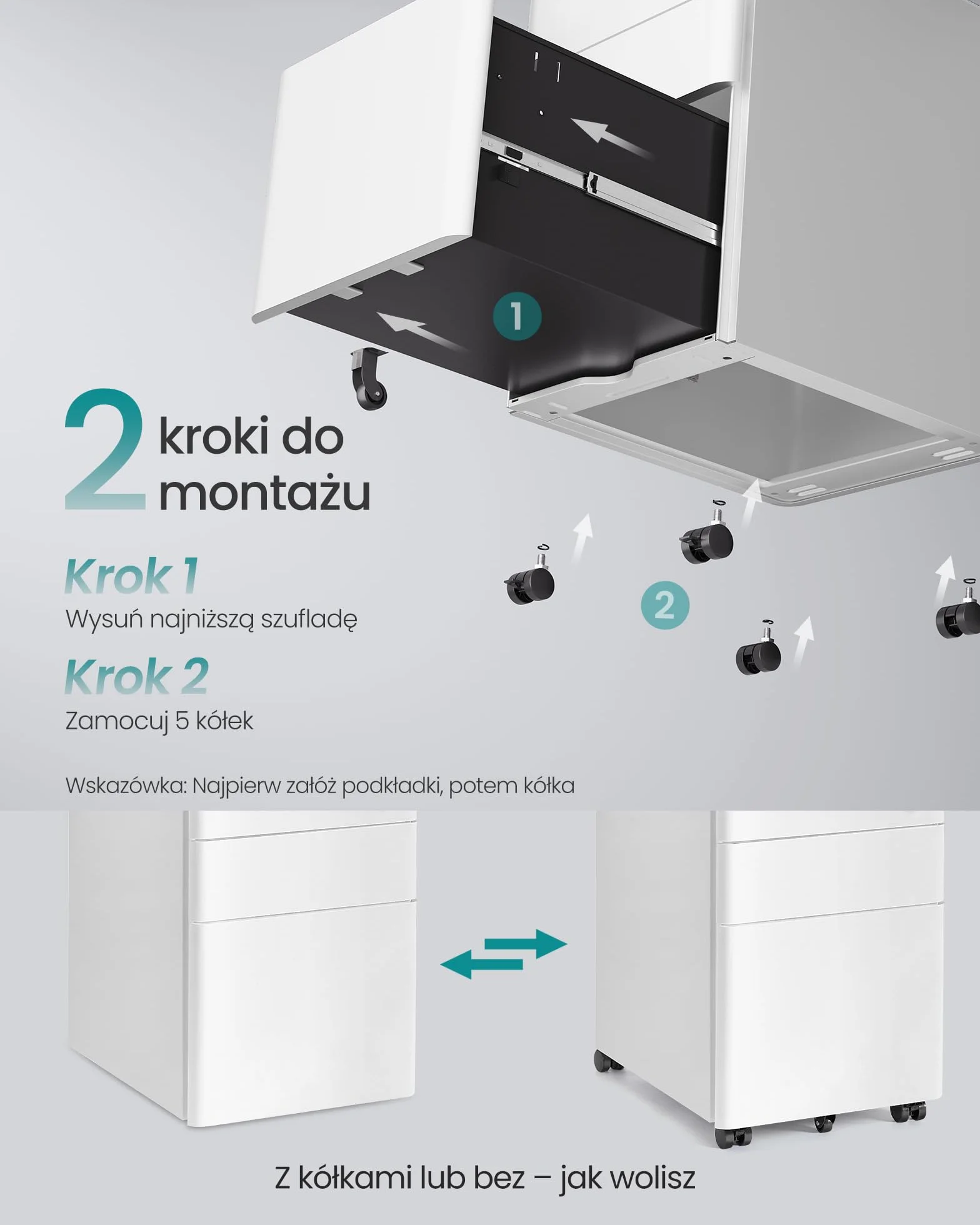 SONGMICS Komoda biurowa, szafka biurowa z kółkami i 3 szufladami, zamykana na klucz, wstępnie zmontowana, metalowa szafka, stojak na drukarkę, studio, 50 x 39 x 59 cm, biały matowy OFC032WG01