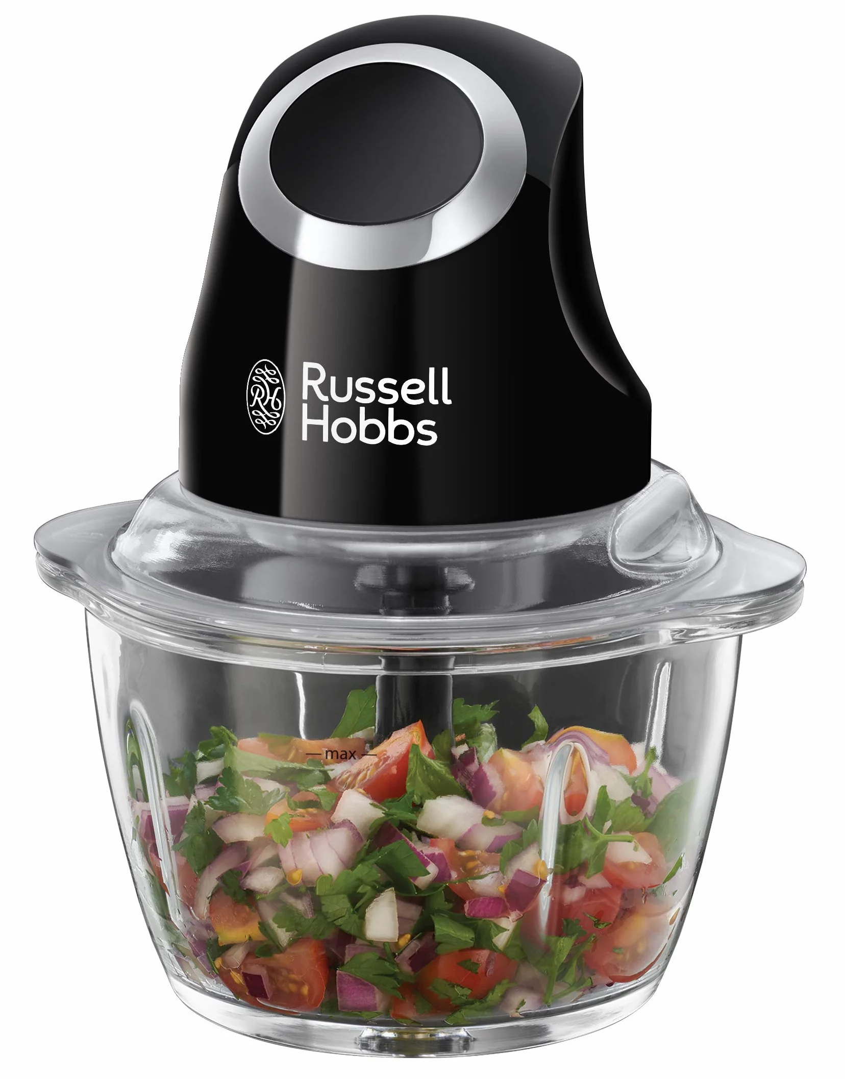 Russell Hobbs rozdrabniacz, dwuskrzydłowe ostrza, ostrza ze stali nierdzewnej, szklany pojemnik, sterowanie jednym przyciskiem, pojemność 0,5l, moc 200W, czarny matowy, Desire 24662-56