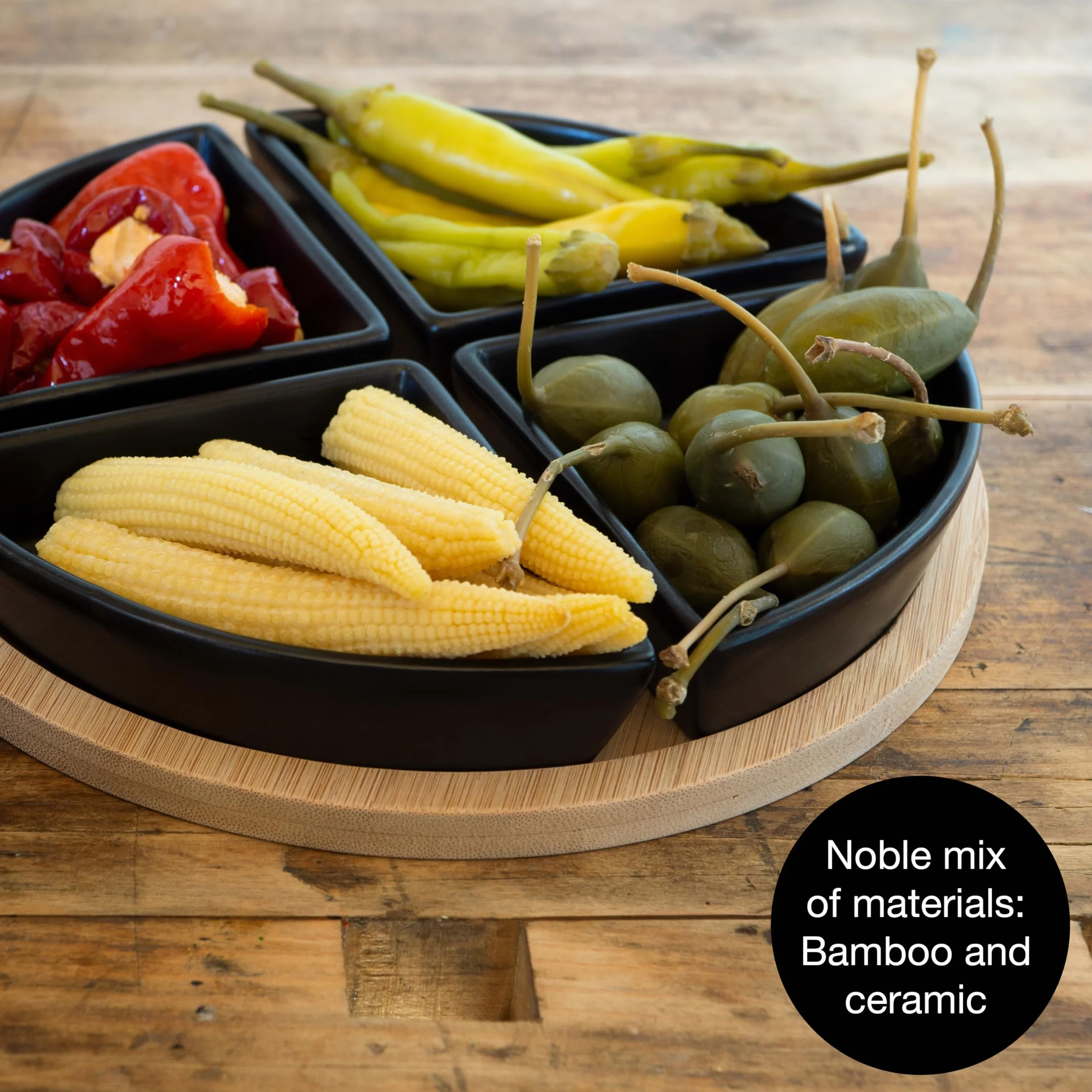 Moritz & Moritz Półmisek do serwowania z miseczkami Antipasti 22 cm – bambusowa taca do serwowania z ceramiczną miską, łyżka bambusowa – zestaw miseczek na przystawki, dipy i przekąski