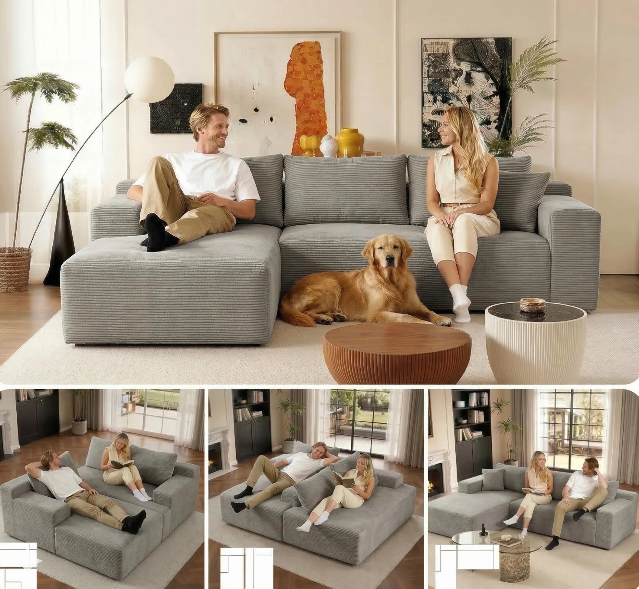 Chic Modular Chaiselongue Prawy Szezlong Pana Jasnoszary Skompresowana Pianka