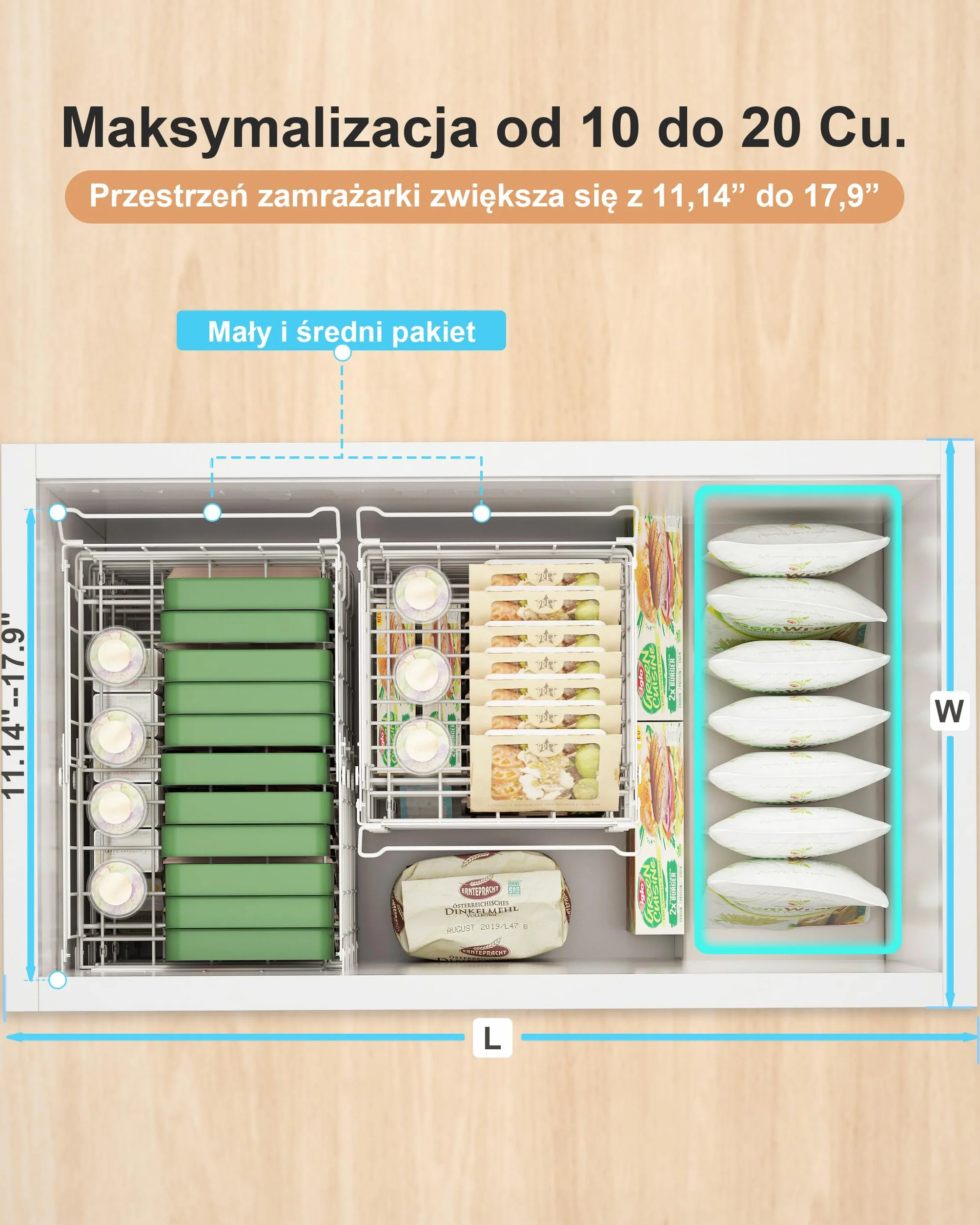 UMDONX 4 szt. Kosze do zamrażarki Biały - kosze do zamrażarki do zamrażarki o pojemności od 283 do 566 l, z możliwością przedłużenia (29-45x30x15 cm)