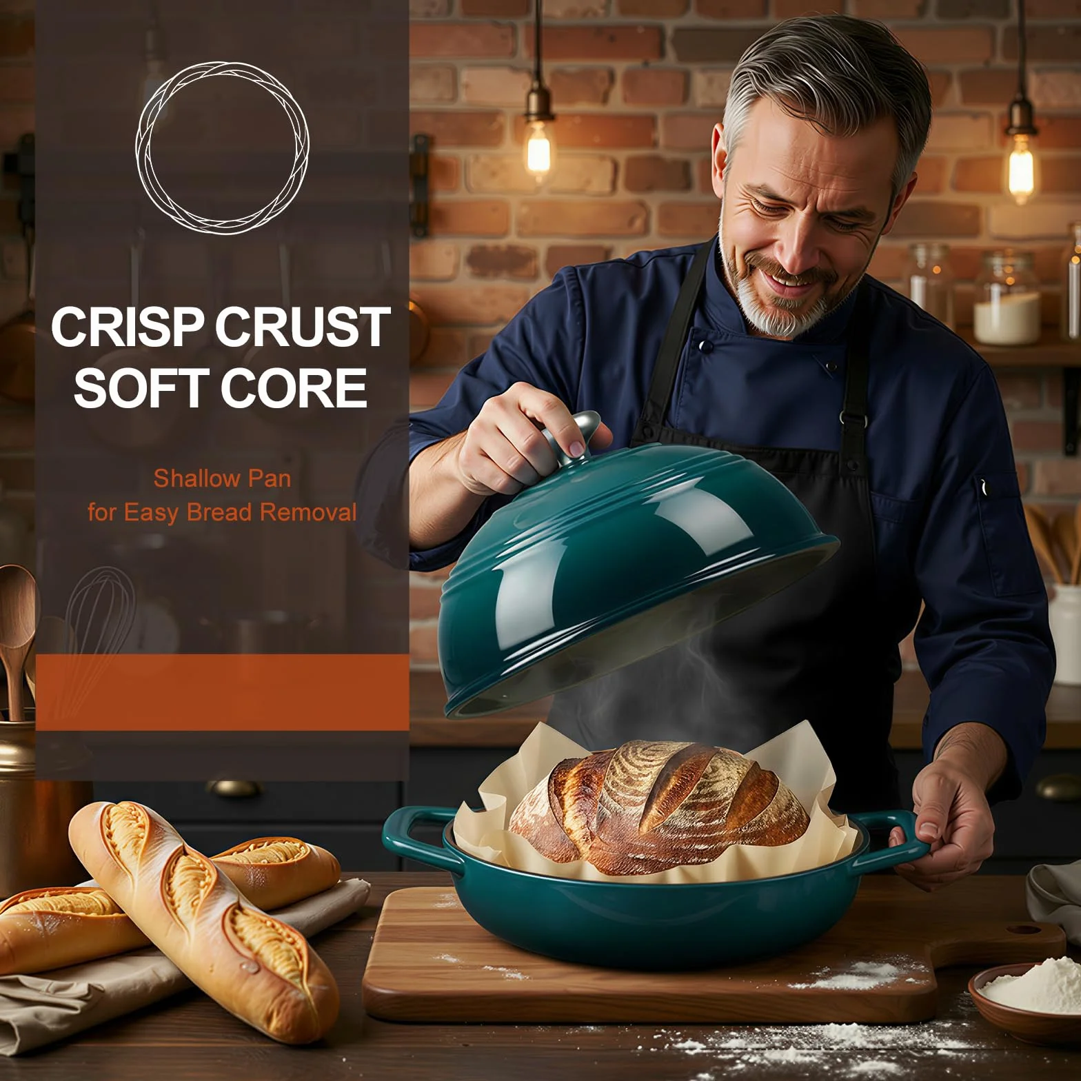 Overmont Emaliowany żeliwny piec do chleba - 6QT holenderski piec do pieczenia chleba na zakwasie - z pokrywką kopułową bawełniane uchwyty do garnków i książką kucharską - wielofunkcyjna patelnia do