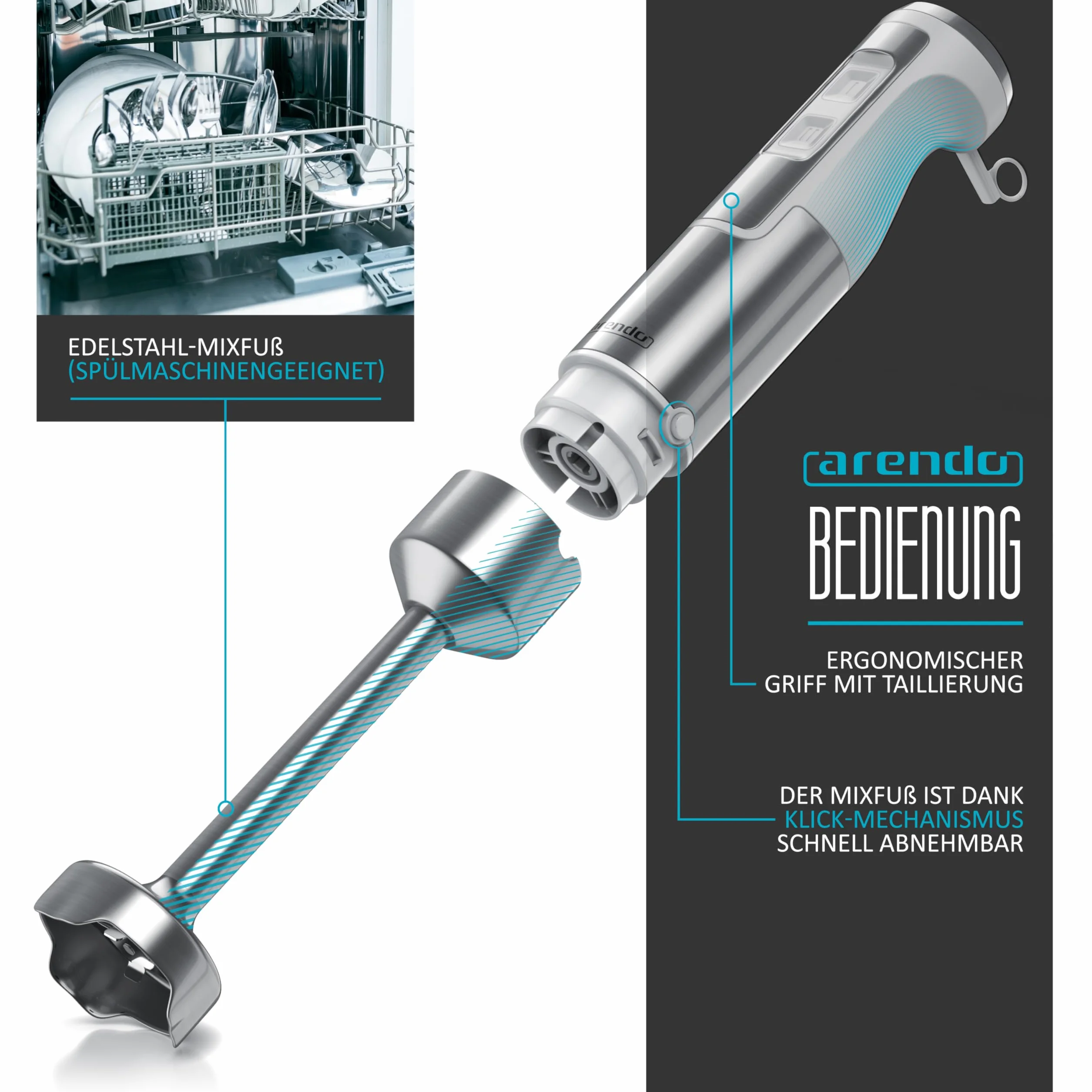 Arendo - Blender ręczny 1000 W - blender ze stali nierdzewnej - blender - czterolistny nóż - bezstopniowa regulacja prędkości - przycisk turbo - mocny silnik 1000 W - GS - z miarką - biały