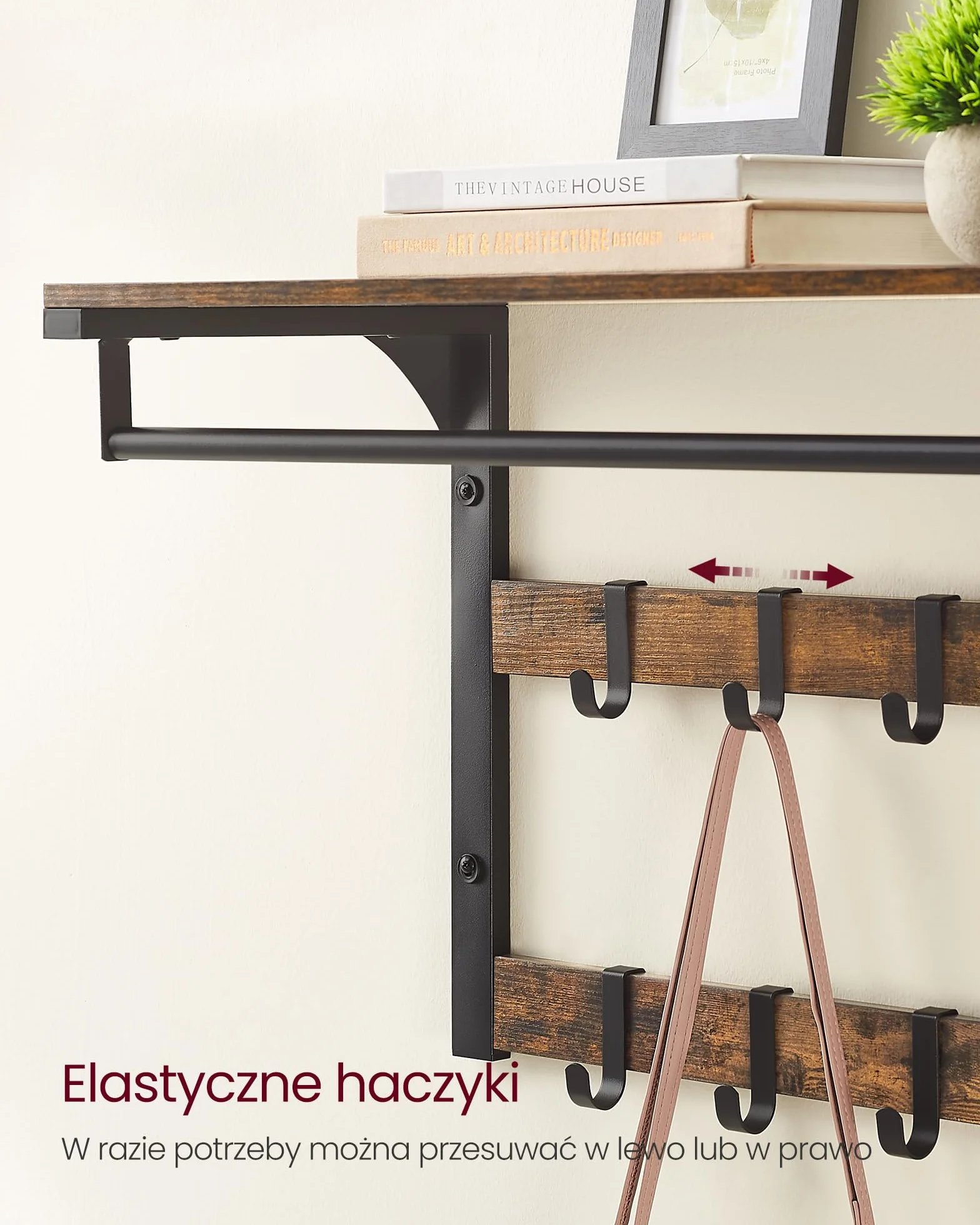 Wieszak ścienny VASAGLE, z półką, półka ścienna z 10 wymiennymi haczykami, półka wisząca, montaż na ścianie, drążek na ubrania, do przedpokoju, sypialni, łazienki, vintage brązowo-czarny LCR101B01