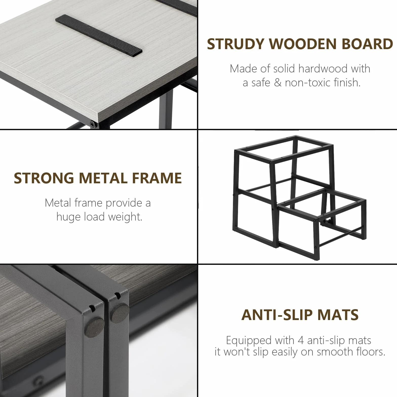 LIANTRAL 2 w 1 taboret ze schodkiem dla dorosłych i dzieci, 2 poziomy, drewniany taboret o nośności 160 kg, metalowa rama, podnóżek do łóżka piętrowego, antypoślizgowy taboret do kuchni, biura, zamek