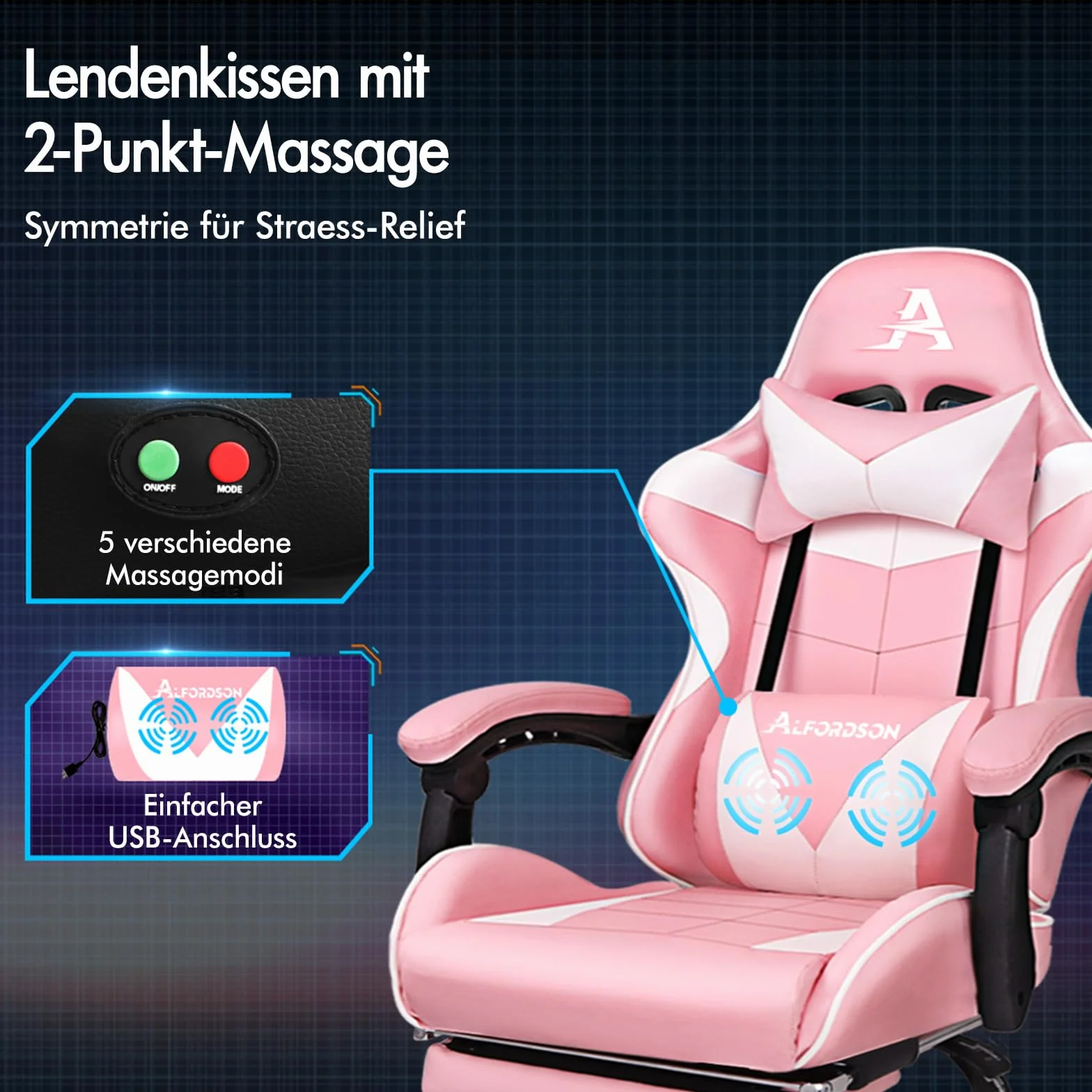 ALFORDSON fotel do gier, ergonomiczne krzesło biurowe, masażer, chowana podpórka na nogi, skóra PU, regulowana wysokość i nachylenie, ładowność 180 kg, kolor różowy