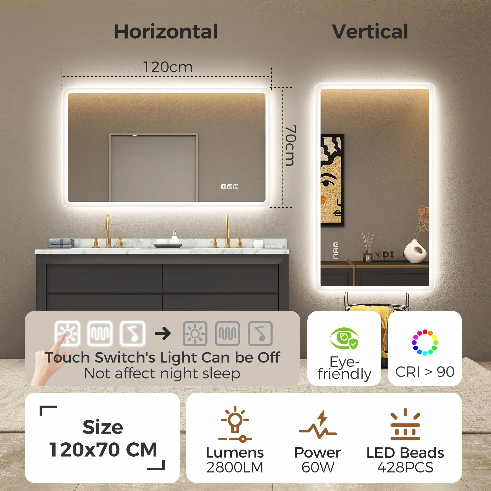 STARLEAD Lustro-łazienka ze światłem i Bluetooth 120x70cm, lusterka-duże z LED, przeciwmgielne, ściemniane, 3 kolory światła, pamięć, IP44, szkło hartowane HD, poziome/pionowe